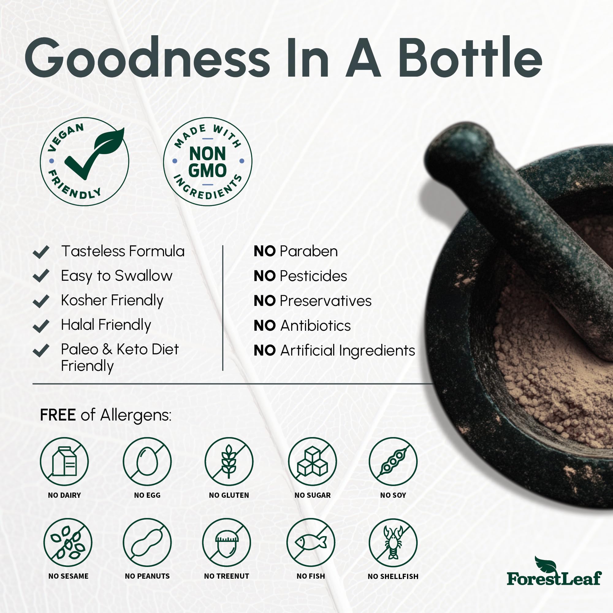 ForestLeaf Magnésium Complex – étiquette sans produits laitiers, sans gluten et sans OGM.