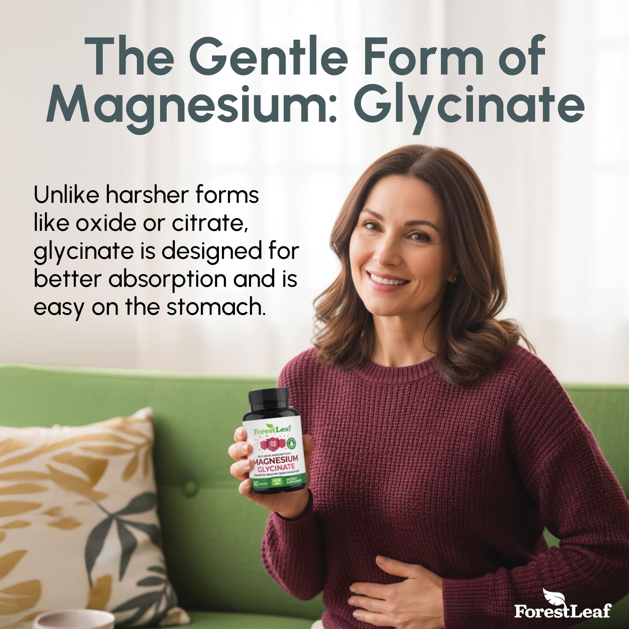 ForestLeaf Magnésium Glycinate 400mg — Capsules faciles à avaler pour une prise simple.