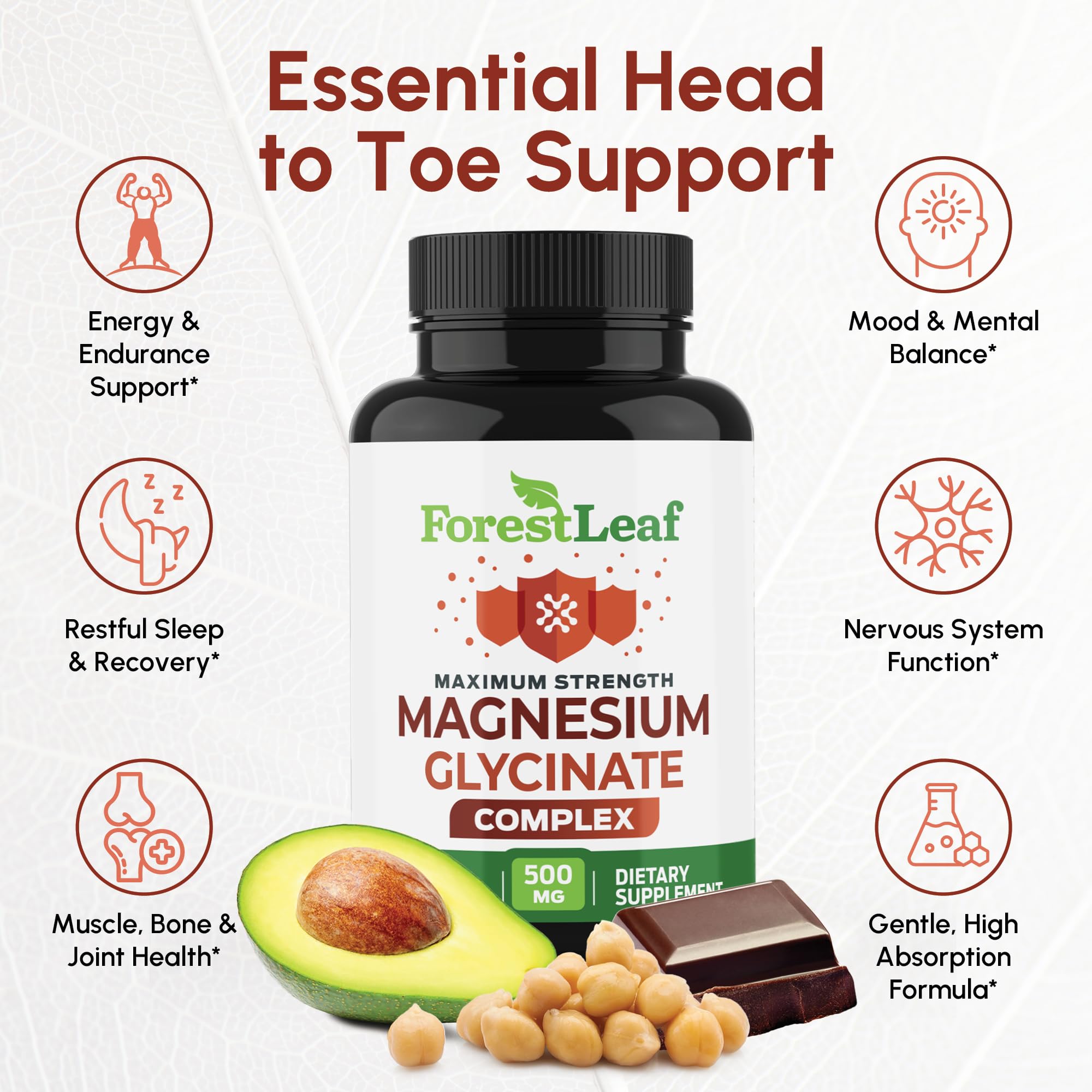 ForestLeaf capsules magnésium glycinate 500mg visibles sur planche, absorption élevée.