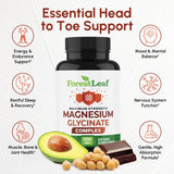 ForestLeaf capsules magnésium glycinate 500mg visibles sur planche, absorption élevée.