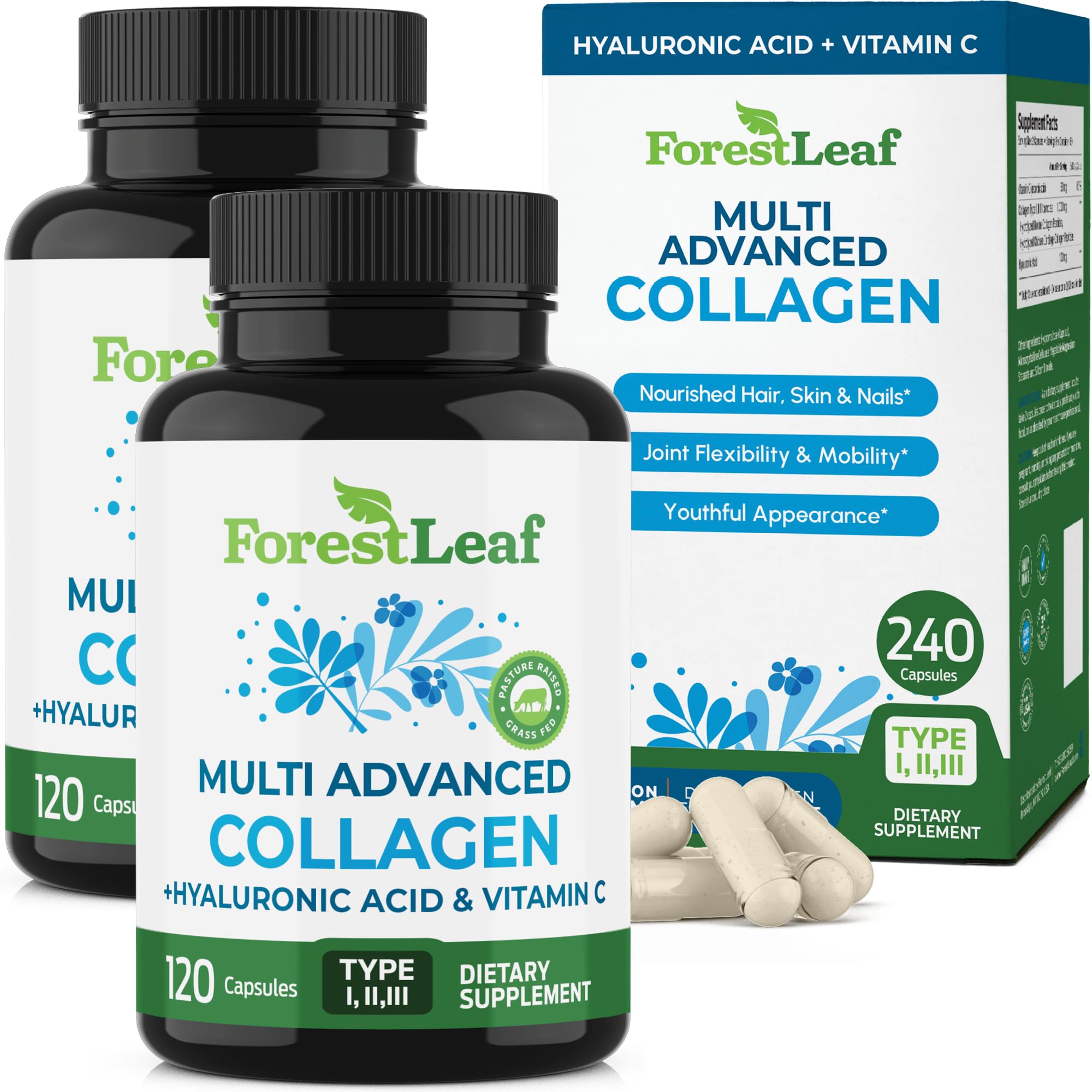 ForestLeaf Multi Collagen capsules dans une bouteille, soutien peau, cheveux et ongles.