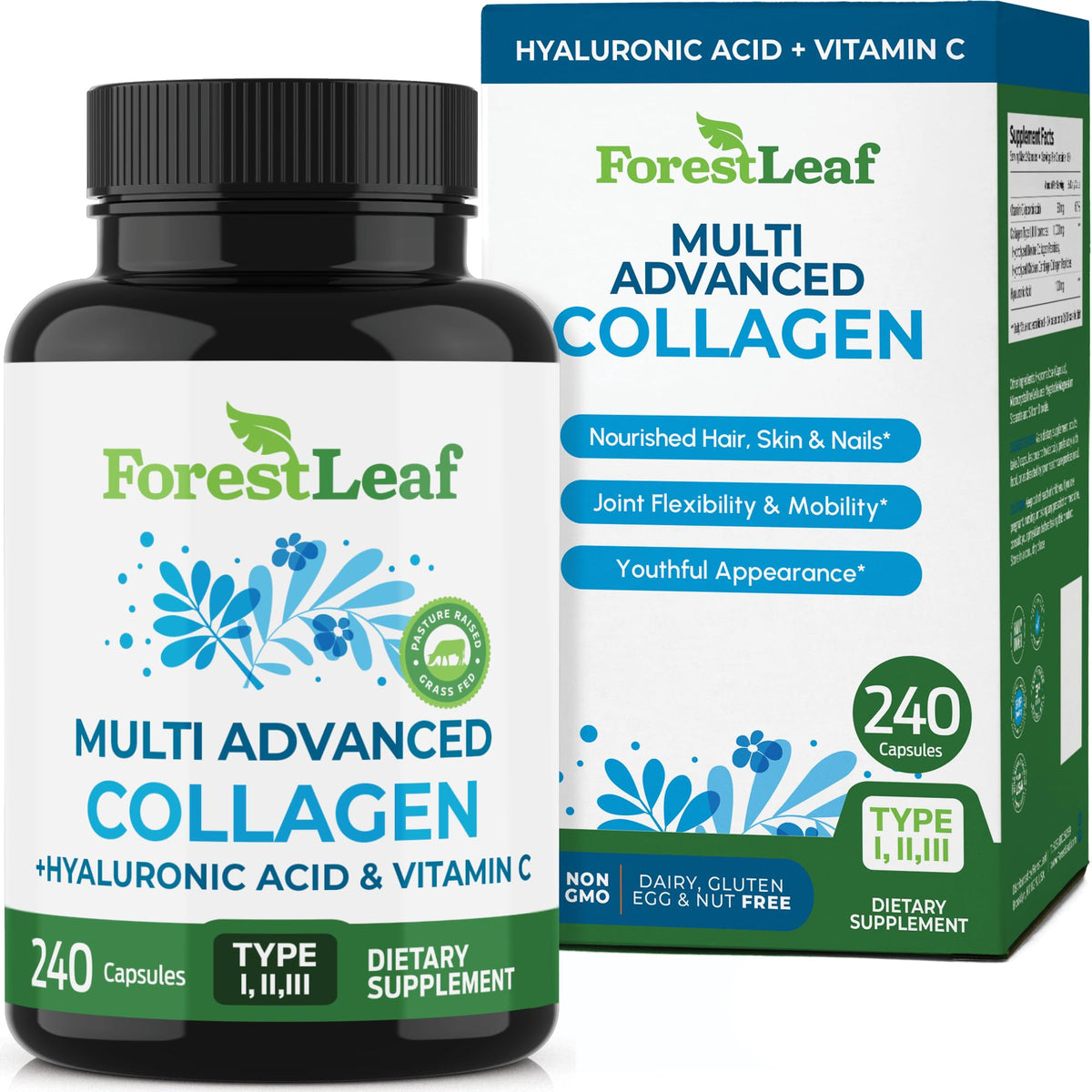 ForestLeaf Multi Collagen gélules hydratent cheveux, peau et ongles.