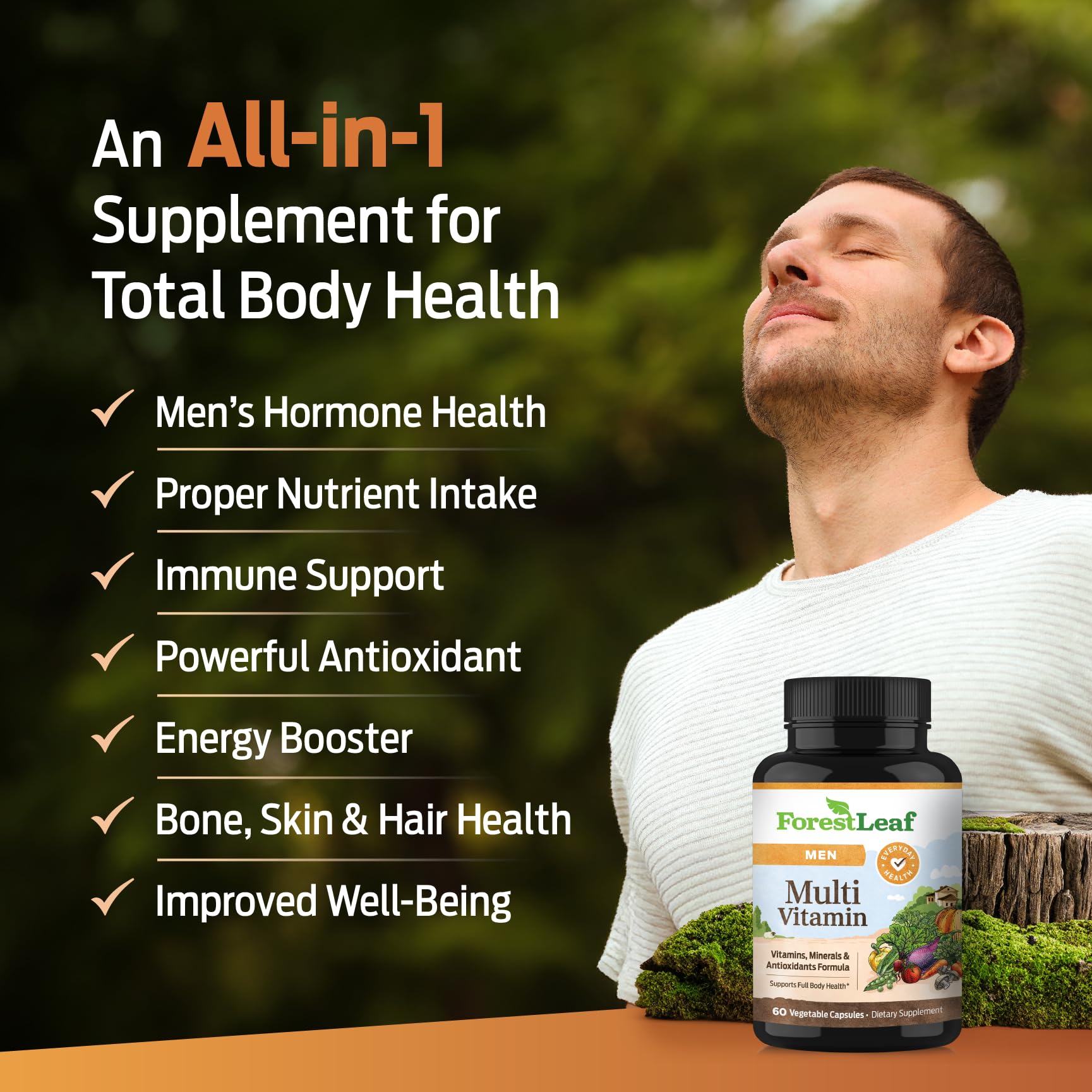 ForestLeaf Quotidien Multivitamines pour Homme — présentation en capsules vertes et design épuré.