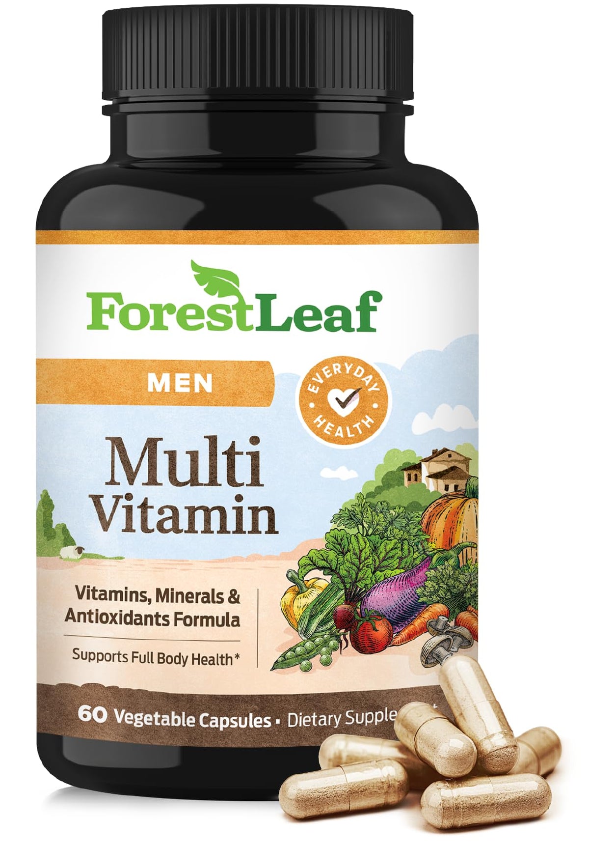 ForestLeaf Quotidien Multivitamines pour Homme — bouteille et capsules, énergie quotidienne possible.