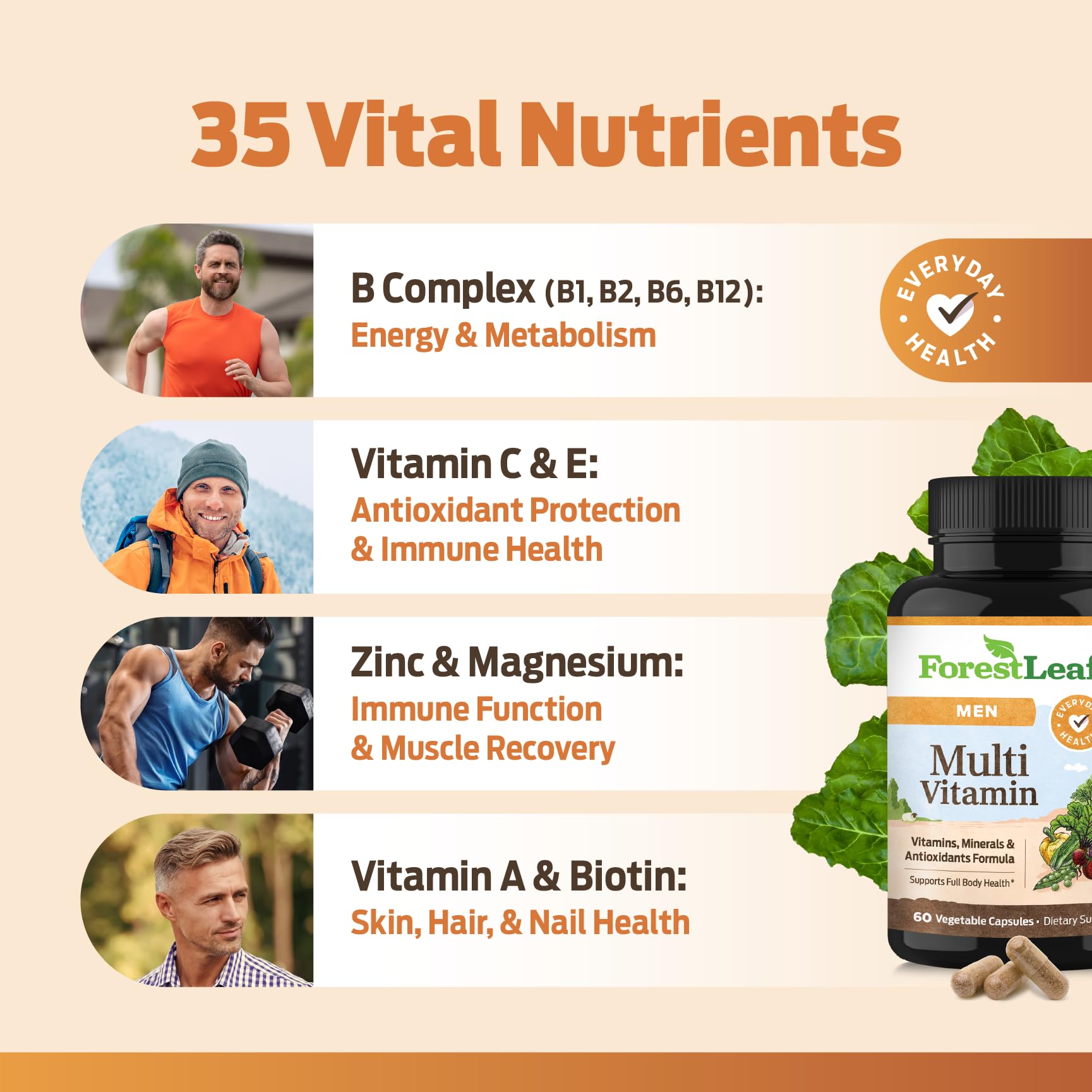 ForestLeaf Quotidien Multivitamines pour Homme — capsules faciles à avaler pour concentration et vitalité.