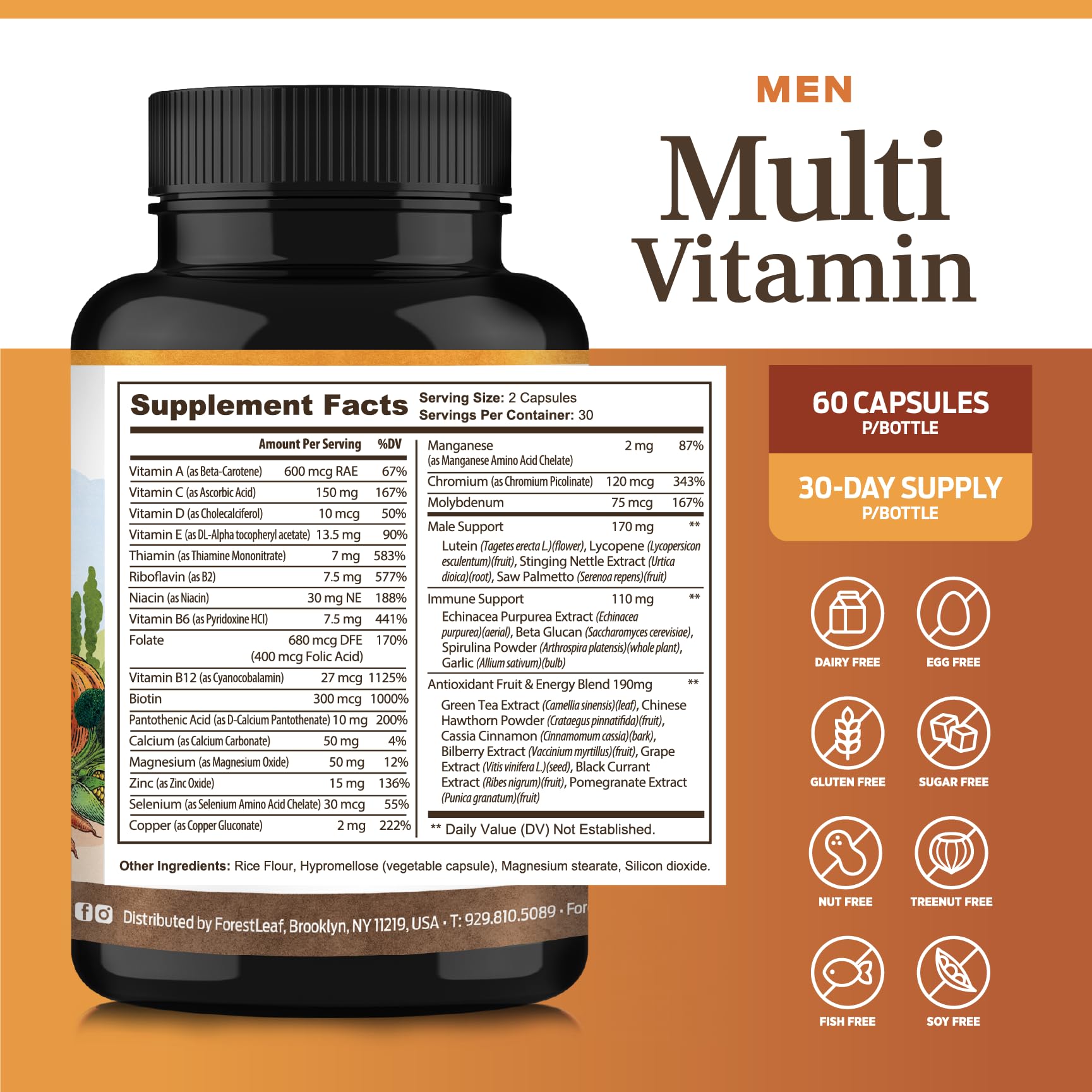 ForestLeaf Quotidien Multivitamines pour Homme — flacon compact, pratique pour le voyage et le quotidien.