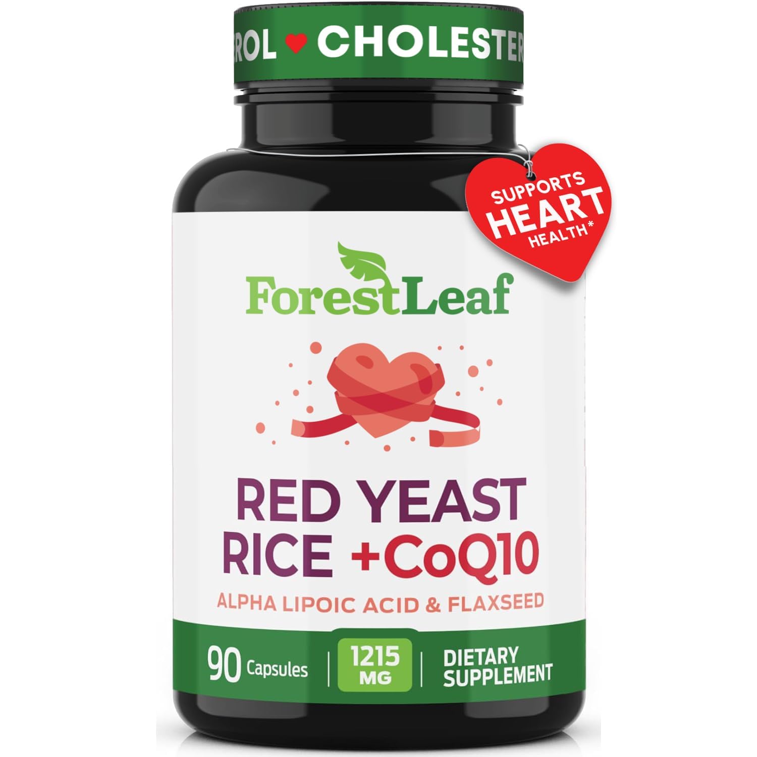 ForestLeaf riz rouge 1215 mg en capsules, soutien potentiel pour une routine cardiovasculaire équilibrée.