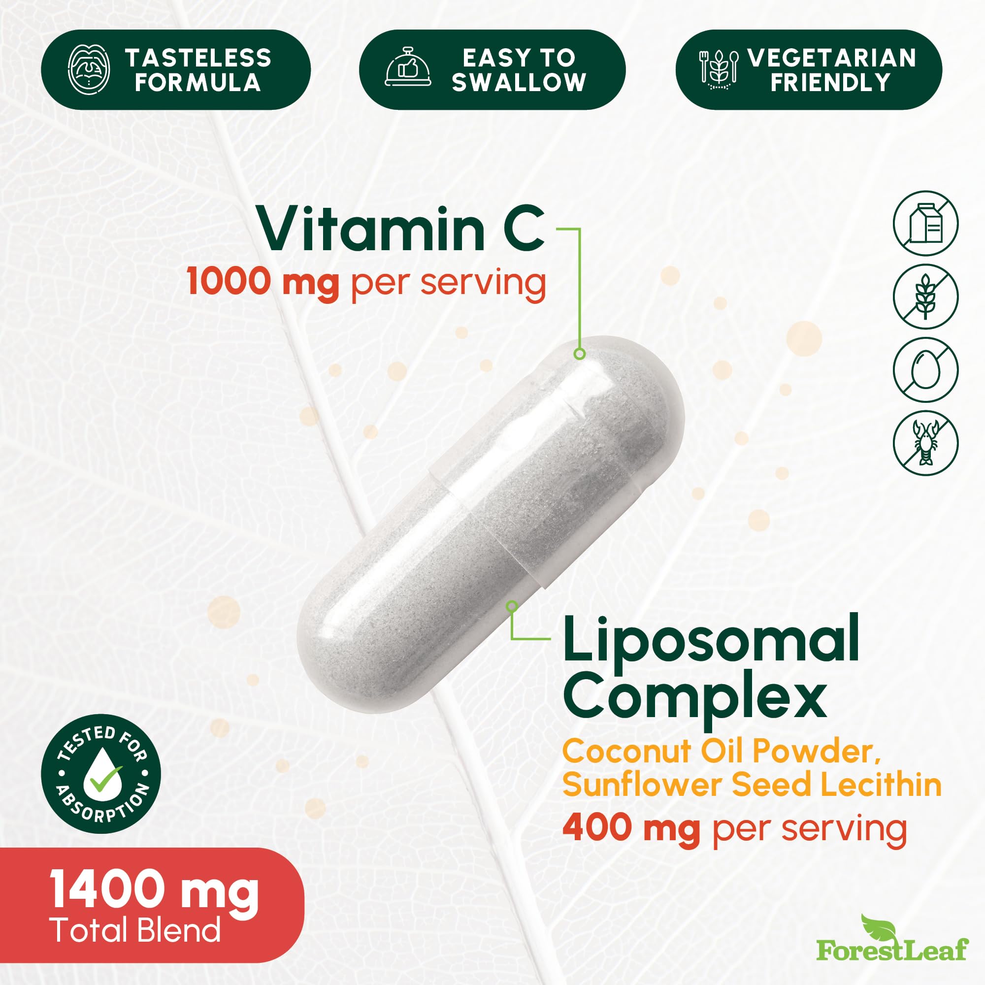ForestLeaf vitamine C liposomale, meilleure biodisponibilité avec huile MCT pour énergie durable.