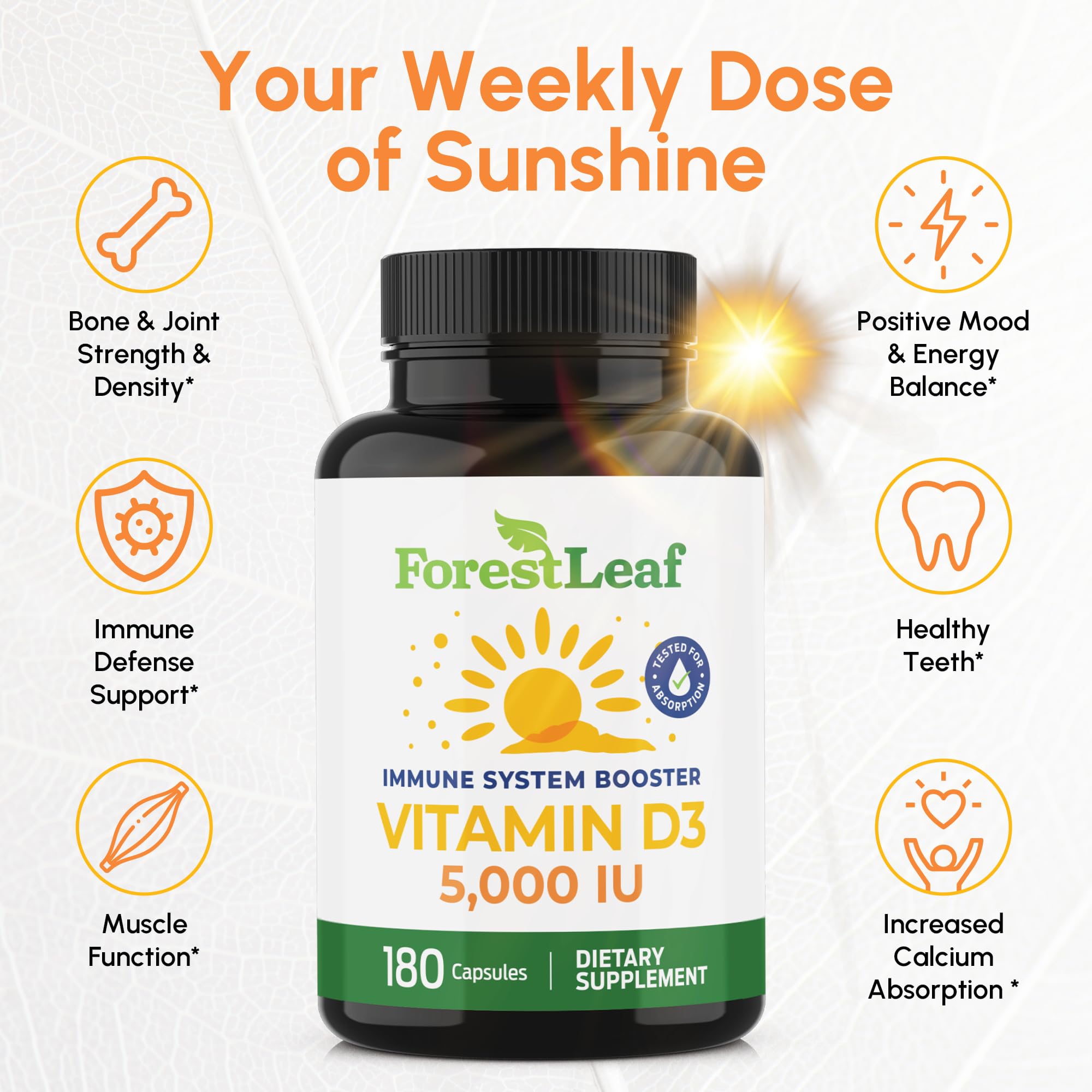 ForestLeaf Vitamine D3 5000UI: capsules visibles et dosage élevé.