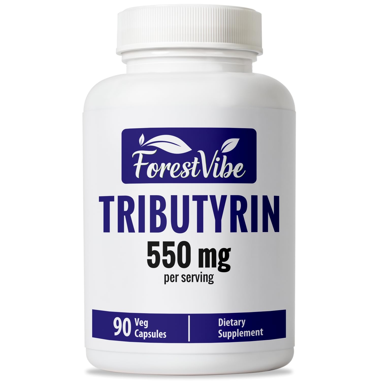 ForestVibe Tributyrin 550 mg — bouteille affichant une forme postbiotique stable et biodisponible.