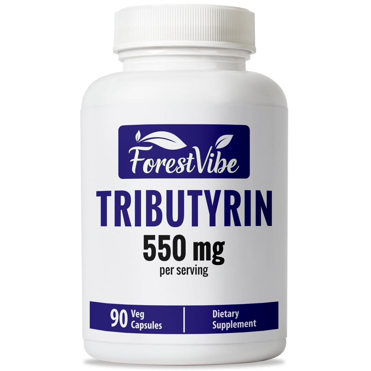 ForestVibe Tributyrin 550 mg — bouteille affichant une forme postbiotique stable et biodisponible.