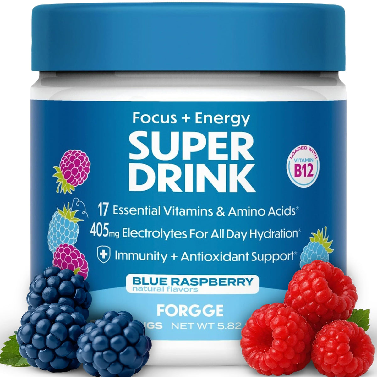 Forgge énergie poudre framboise bleue, goût frais et énergie potentielle.