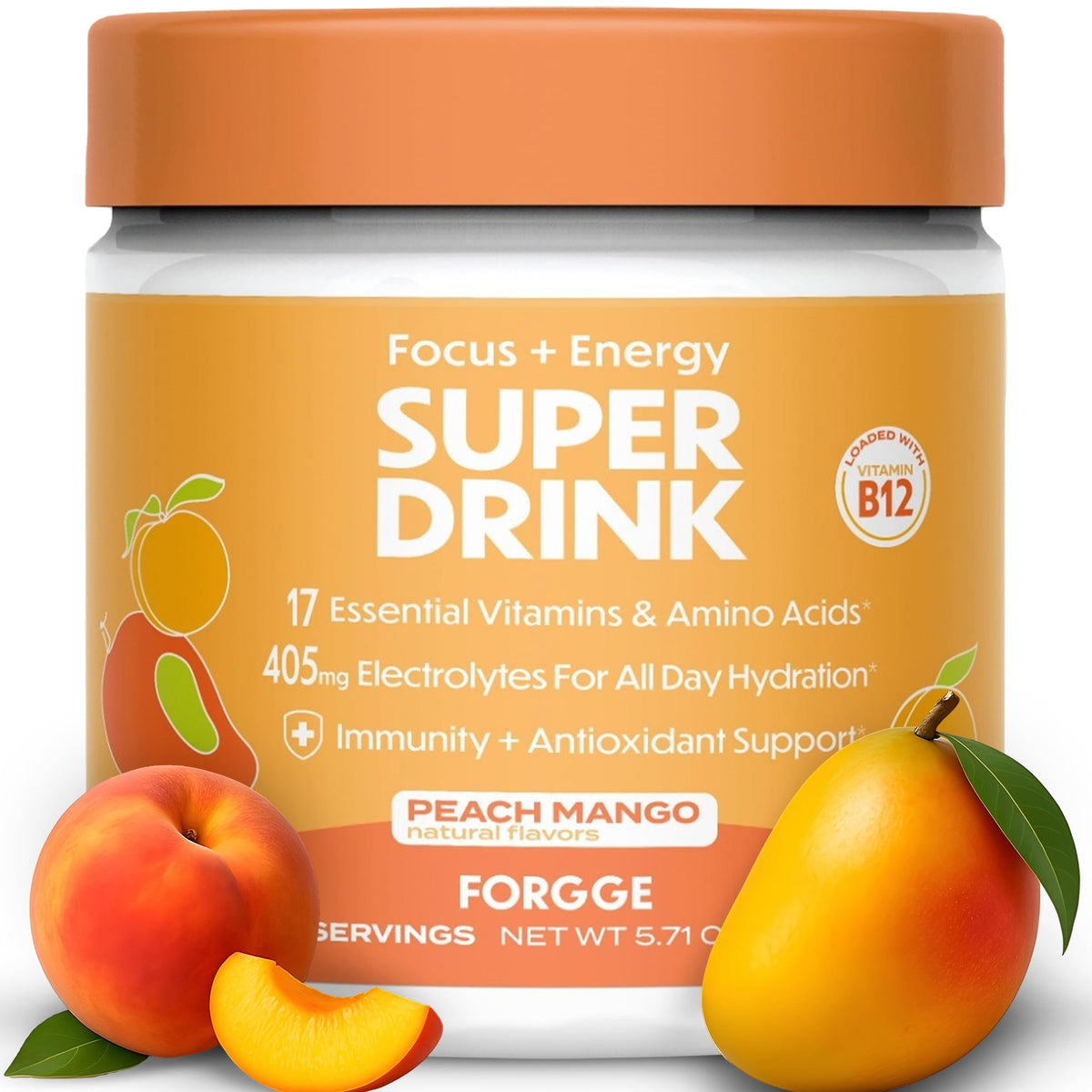 Forgge Poudre Énergie avec saveur pêche mangue prête à être mélangée pour une énergie durable