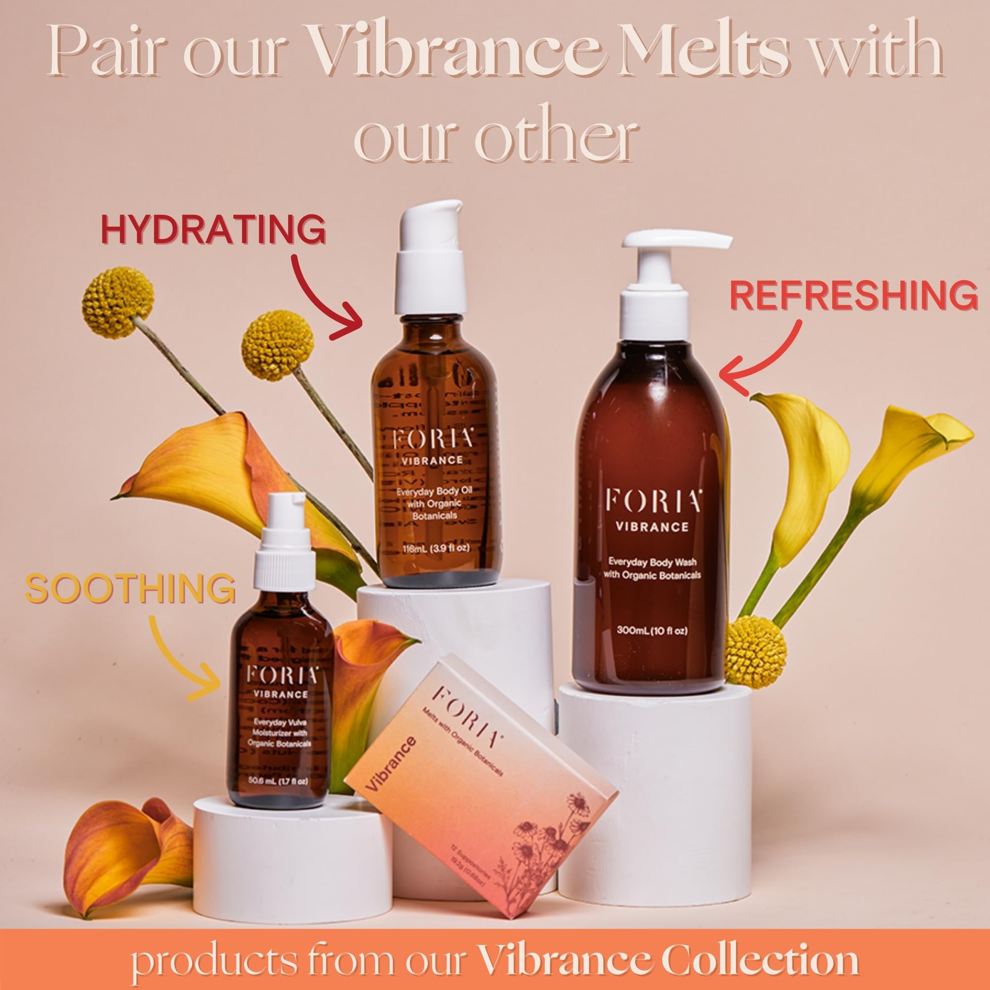 FORIA Vibrance Melts sans parfum respectant la peau sensible.