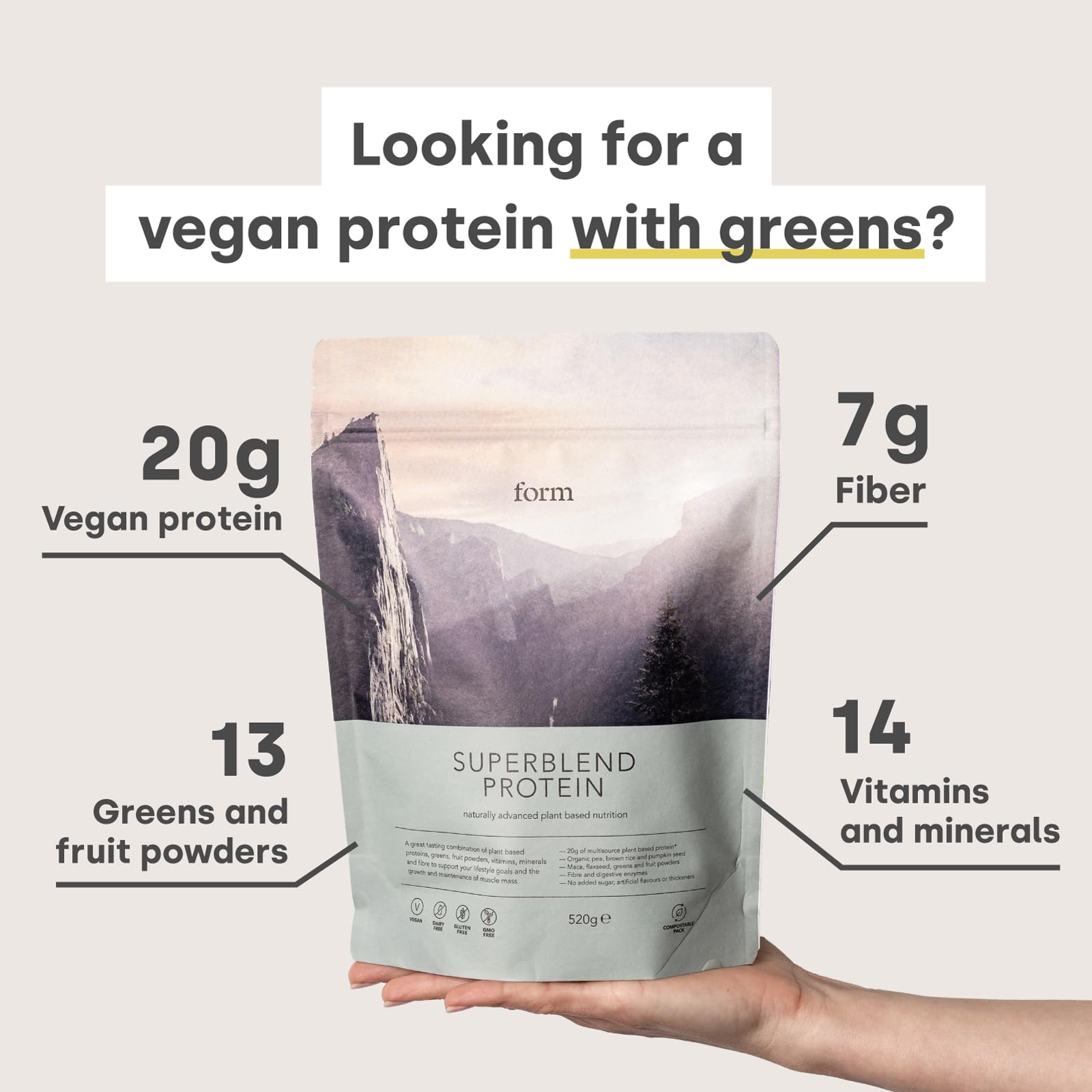 Form Superblend Protéine – super-aliments spiruline et maca pour la vitalité quotidienne.