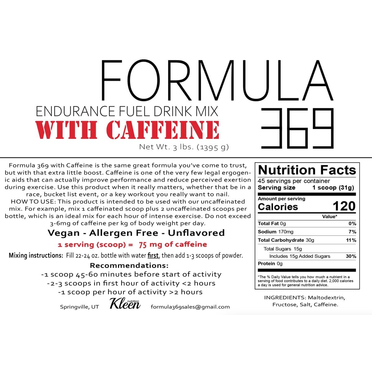 Formule 369 avec caféine, ingrédients simples, digestion facile pendant l'effort.