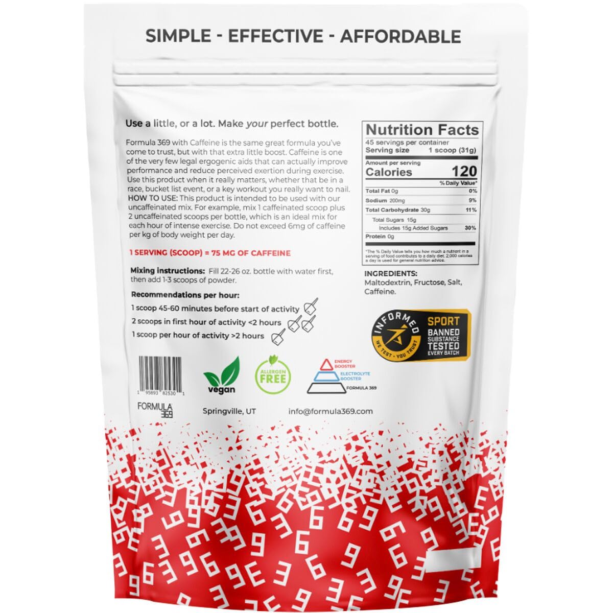 Formule 369 avec caféine, ratio glucose-fructose pour absorption optimale.