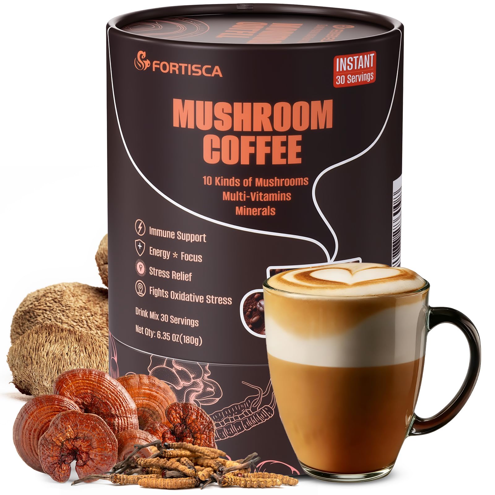 FORTISCA Café champignon 10-en-1: tasse crémeuse évoquant une énergie équilibrée.