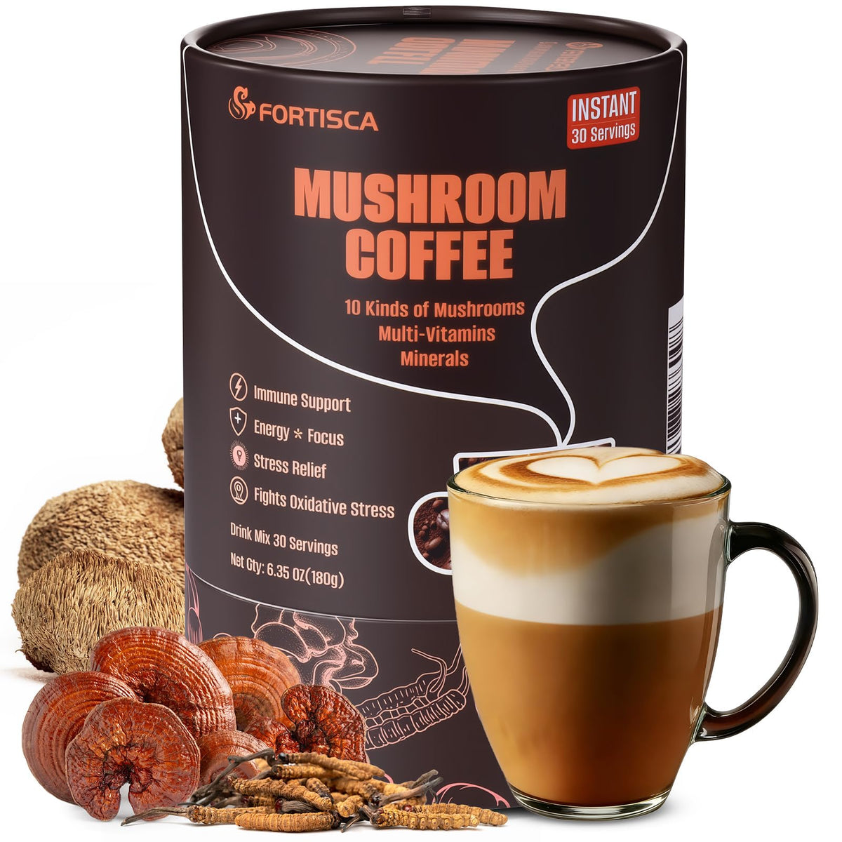 FORTISCA Café champignon 10-en-1: tasse crémeuse évoquant une énergie équilibrée.