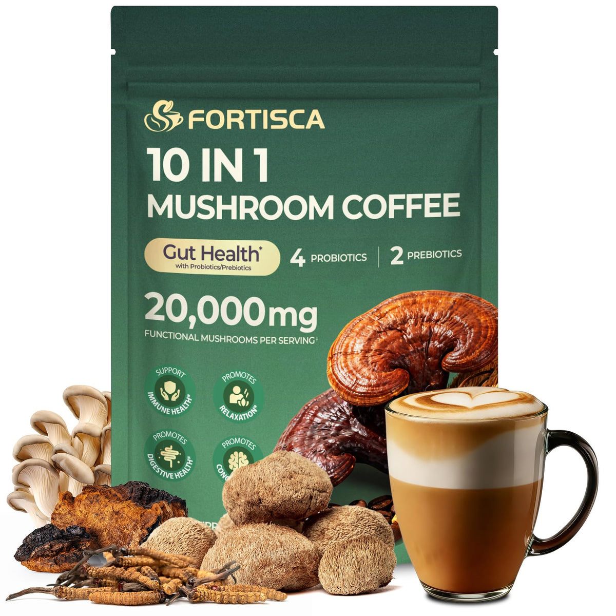 Fortisca café-champignon instant-tasse-crèmeuse, démarrage doux du matin.