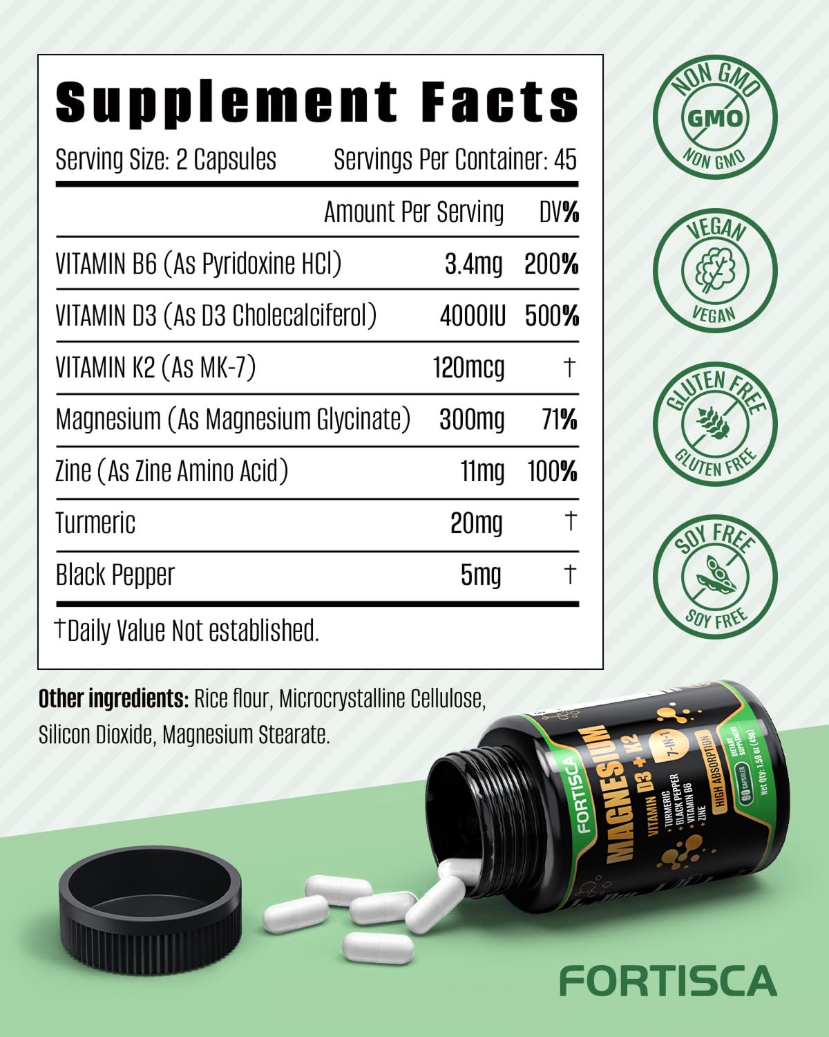 Capsules Fortisca Mg Glycinate, absorption élevée et ingestion facile.