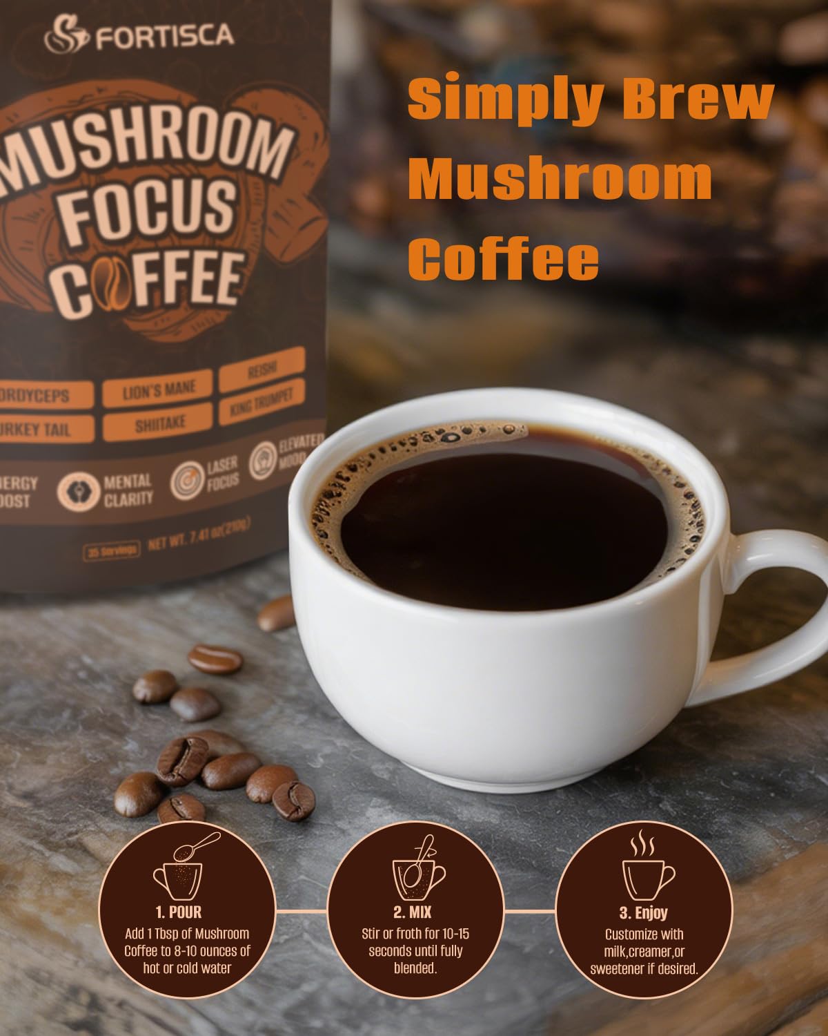 Fortisca Mushroom Coffee : lait de coco et MCT pour texture crémeuse