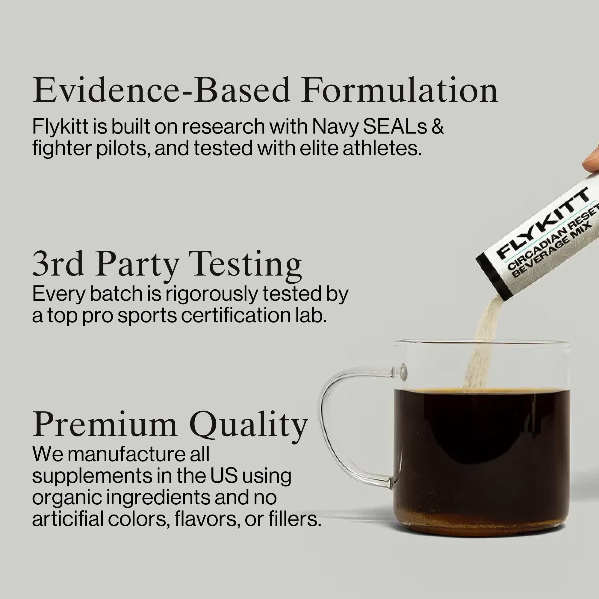 Formulations américaines Flykitt utilisant des ingrédients de haute qualité pour la routine voyage.