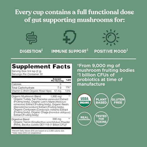Four Sigmatic Gut Health Mushroom Blend, cuillère-doseuse facilitant une dose quotidienne pratique.
