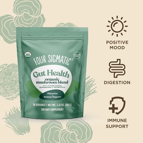 Four Sigmatic Gut Health Mushroom Blend, poudre naturelle sans sucre pour boissons et recettes.