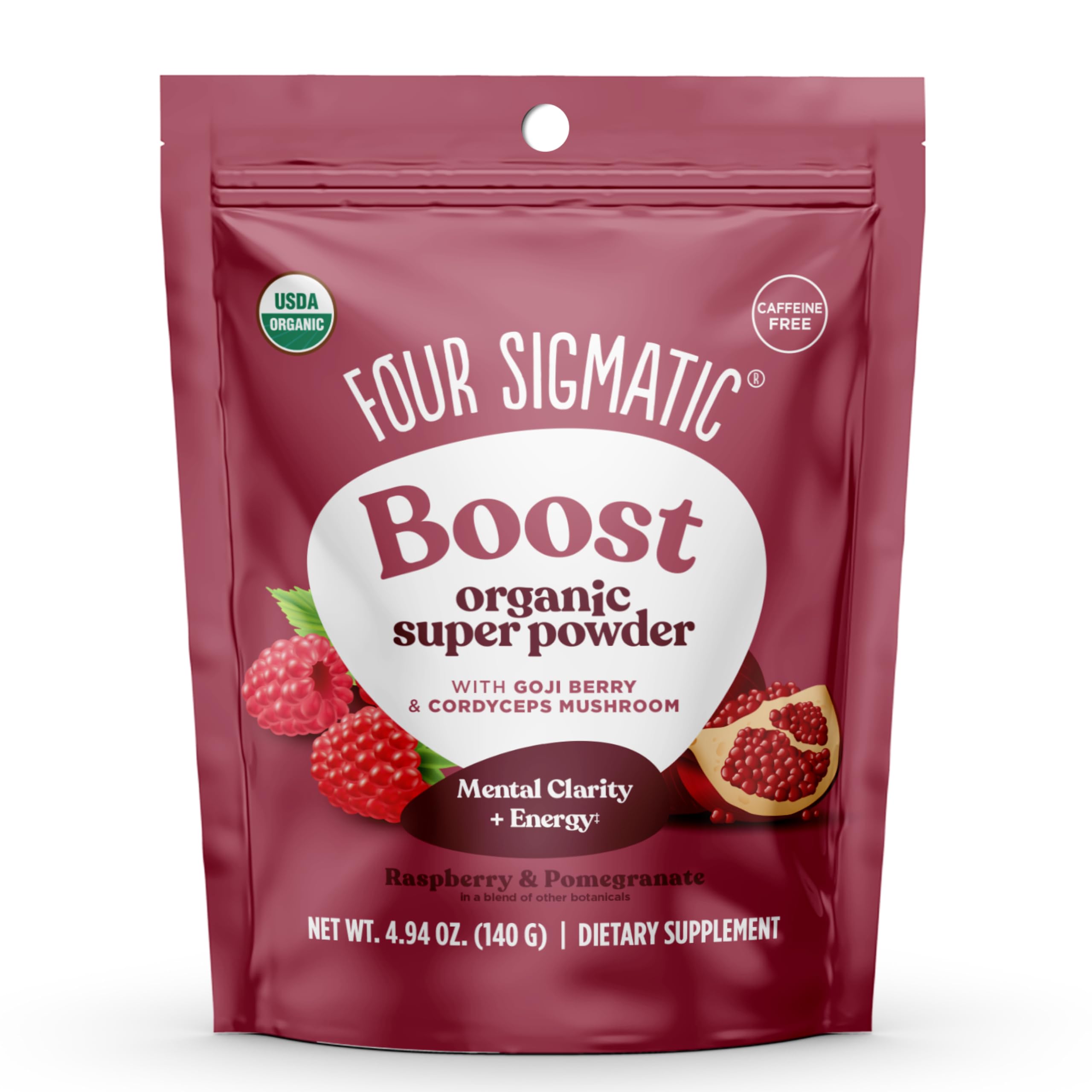 Four Sigmatic Perform poudre framboise rouge, énergie naturelle prête à être ajoutée à l'eau.