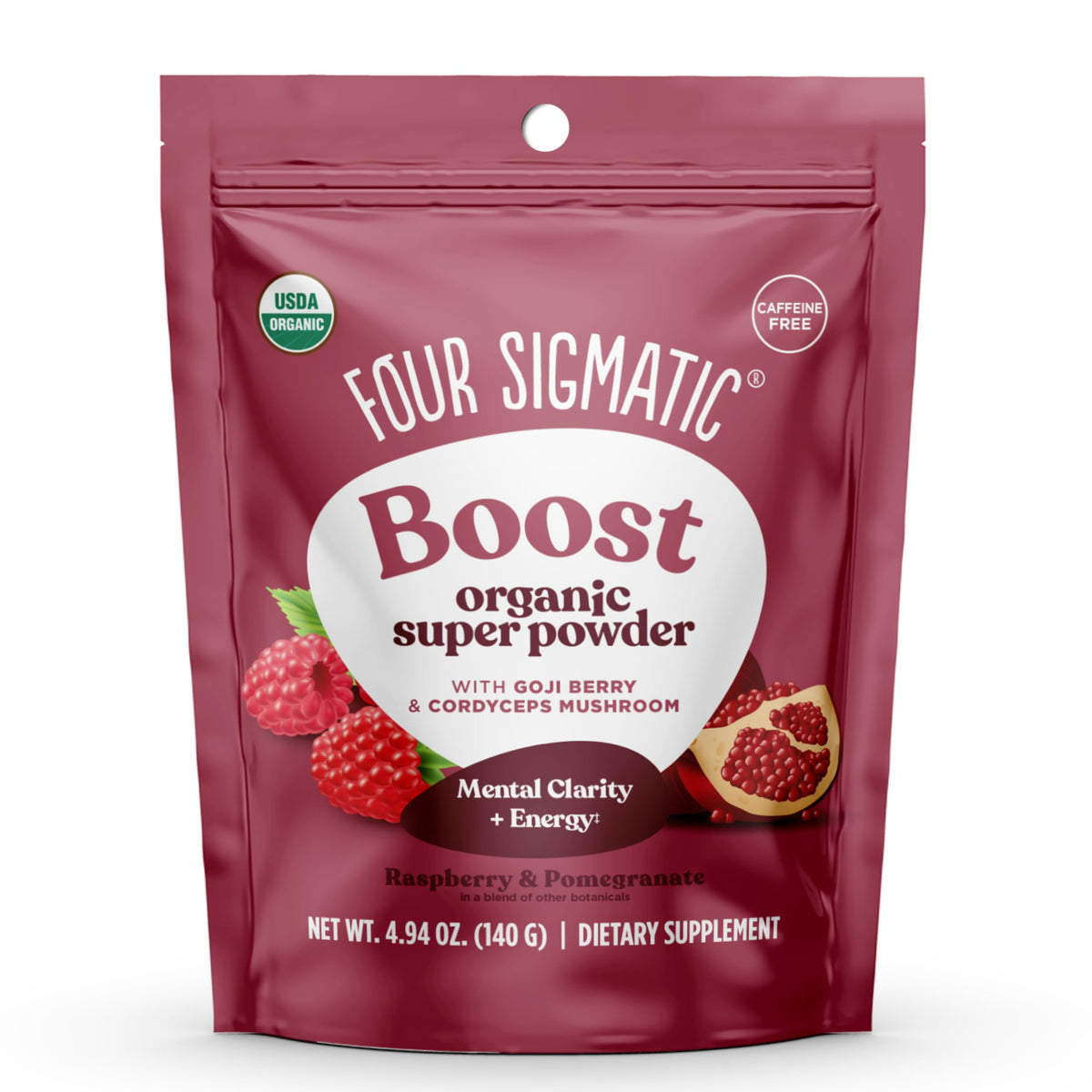 Four Sigmatic Perform poudre framboise rouge, énergie naturelle prête à être ajoutée à l'eau.