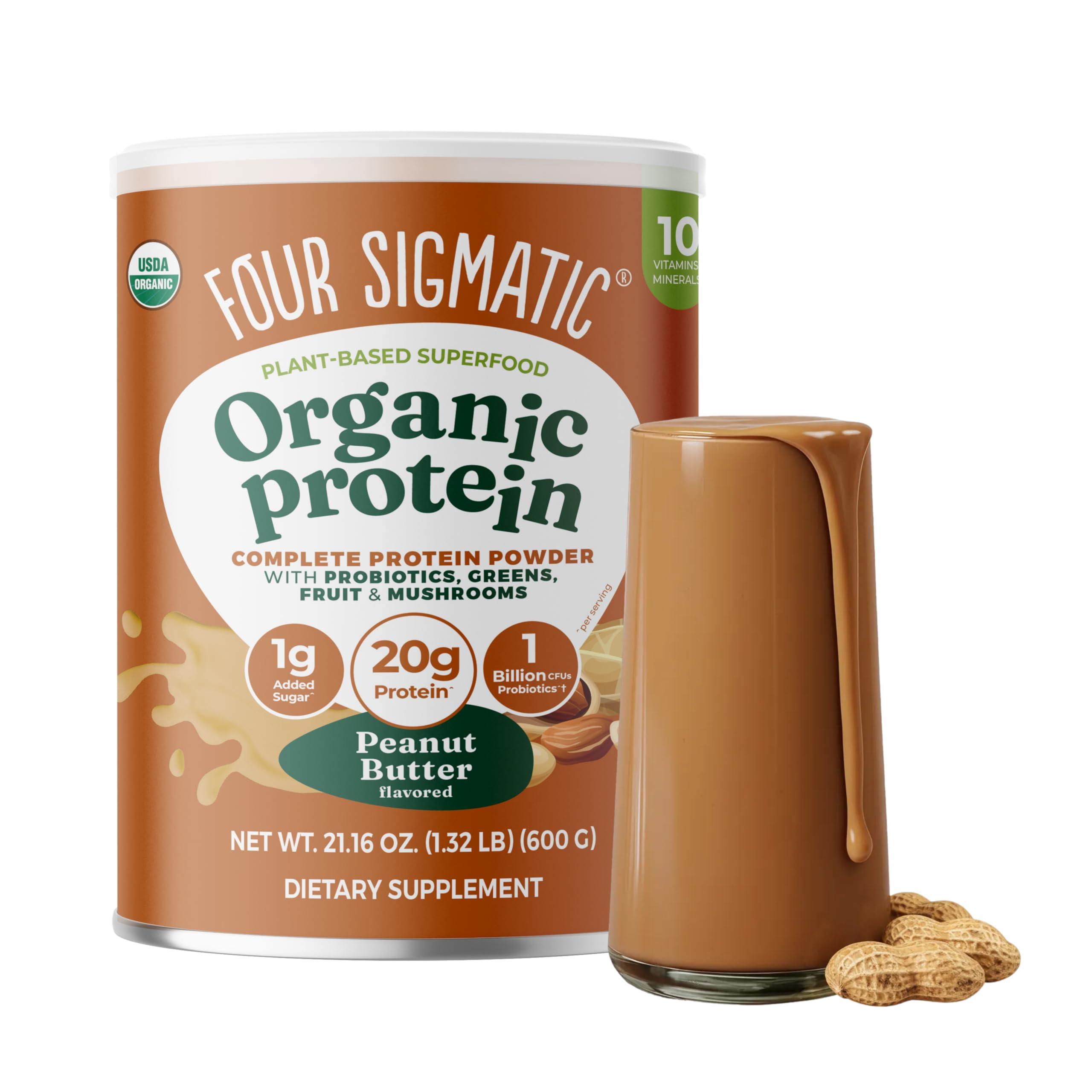 Poudre protéinée Four Sigmatic biologique, texture lisse pour smoothies quotidiens.