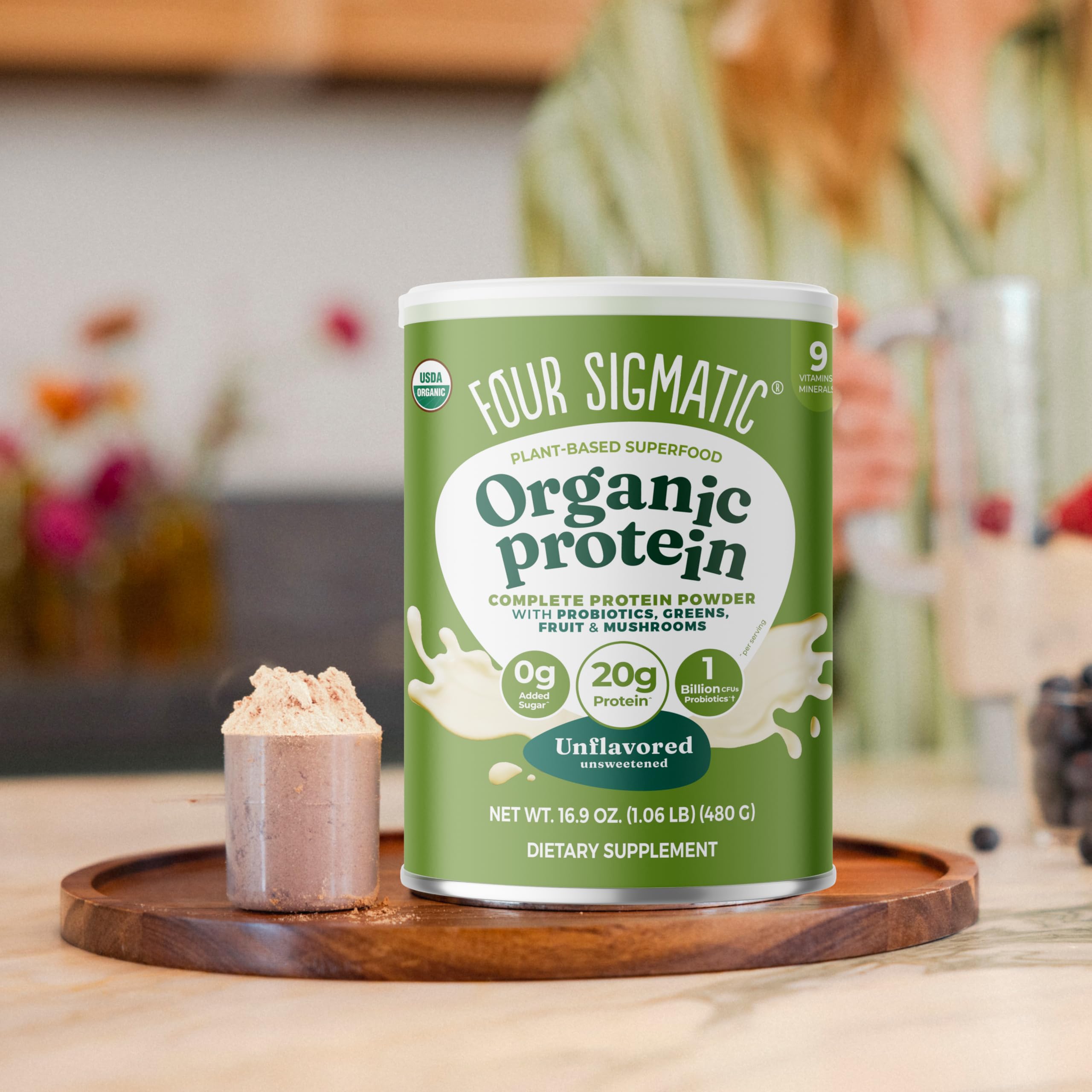 Four Sigmatic Protéine biologique neutre, flacon recyclable pour une consommation durable.