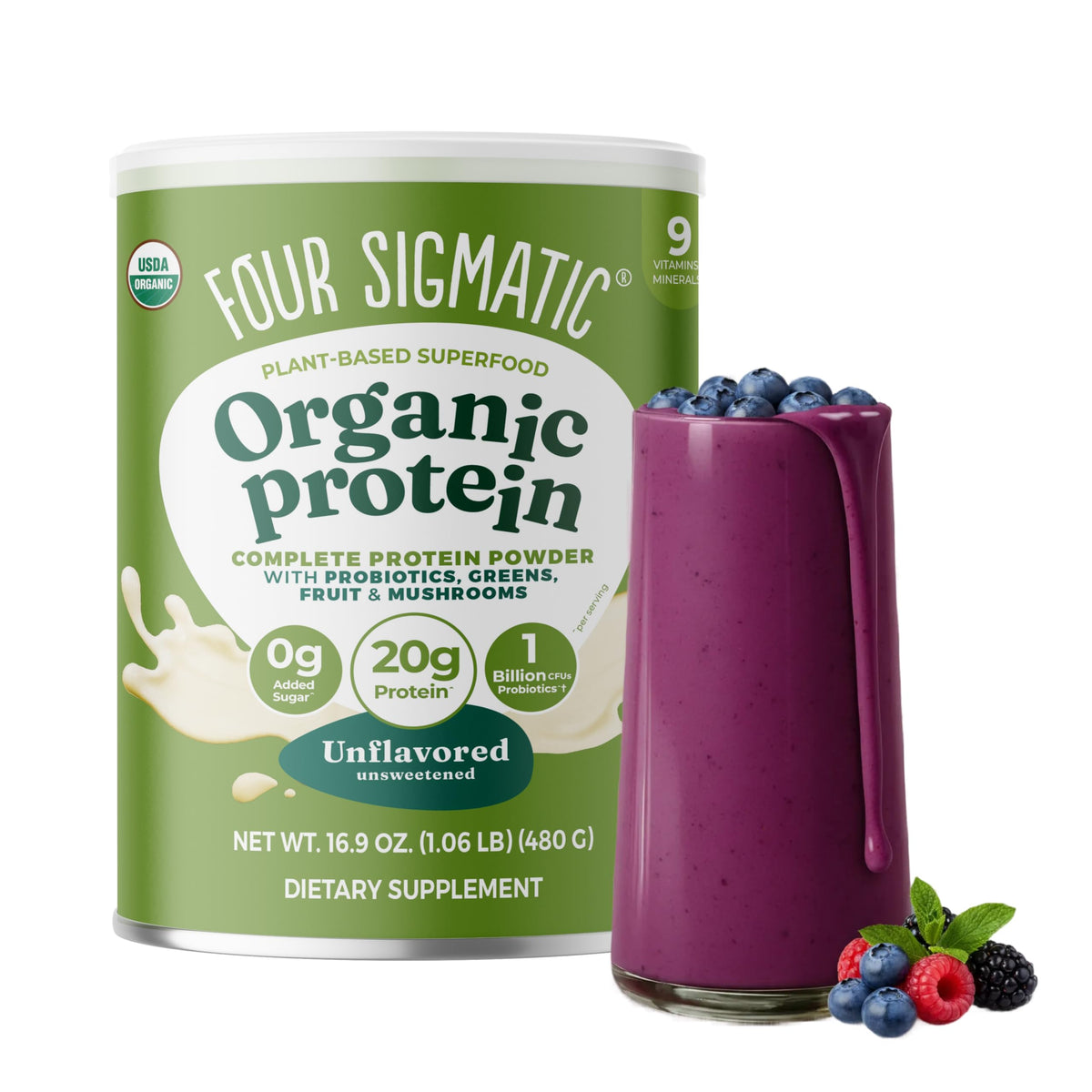 Four Sigmatic Protéine biologique neutre, flacon, idéal pour un smoothie végétalien.