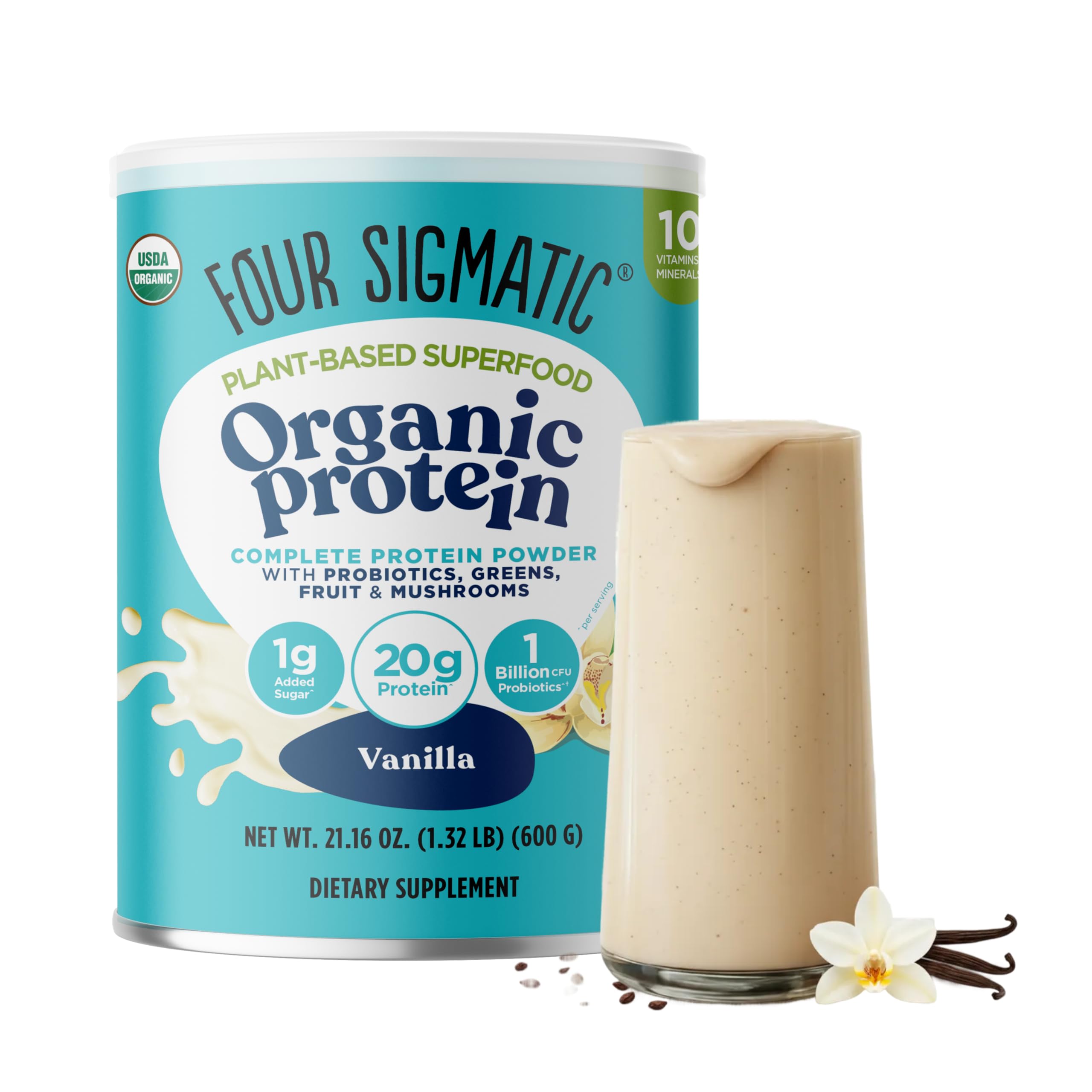 Four Sigmatic protéine végan bio vanille – ensemble visuel, texture idéale pour smoothies