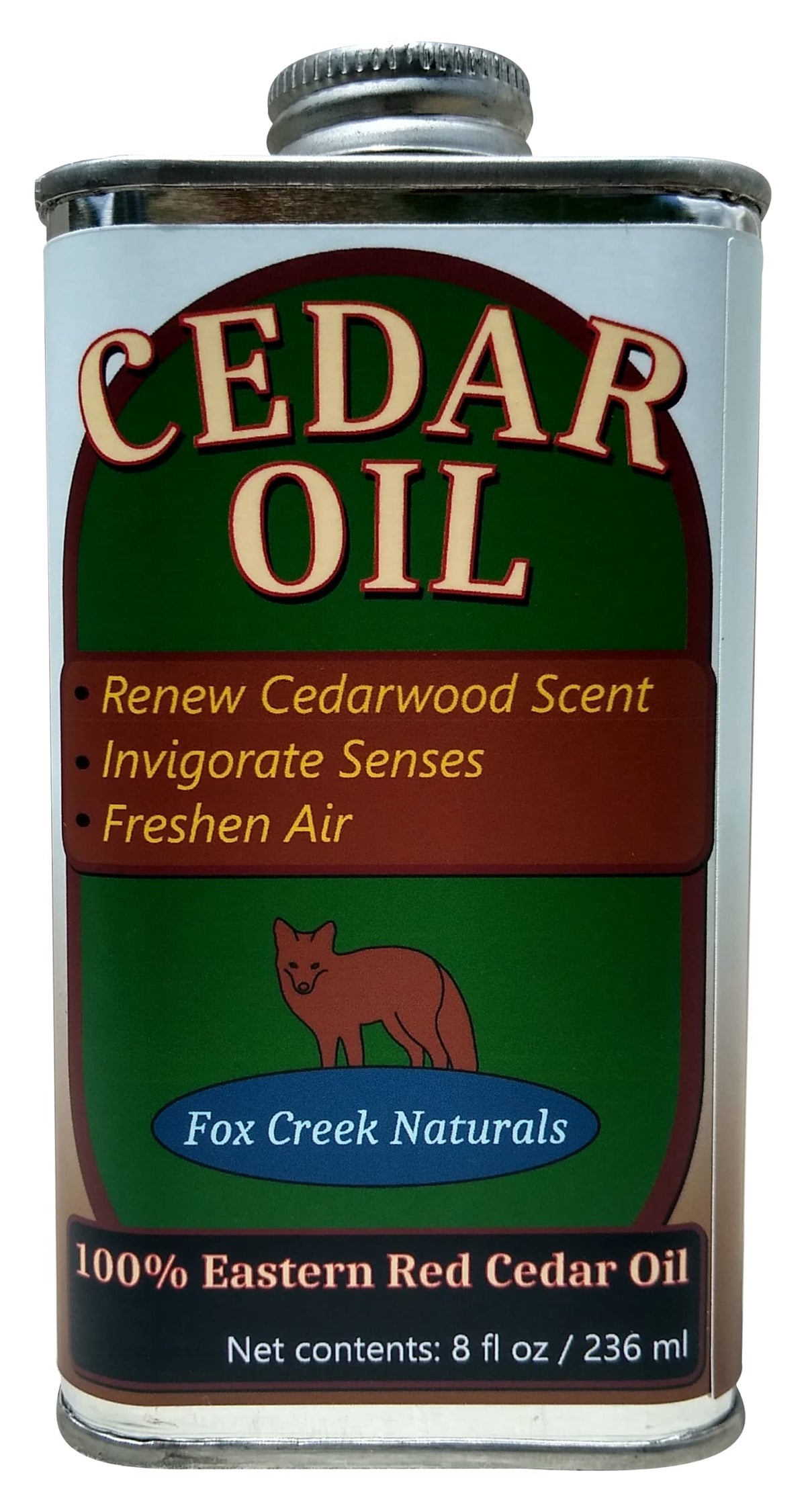Huile Fox Creek Naturals — bouteille d'huile de cèdre rouge, parfum boisé prêt pour diffusion.
