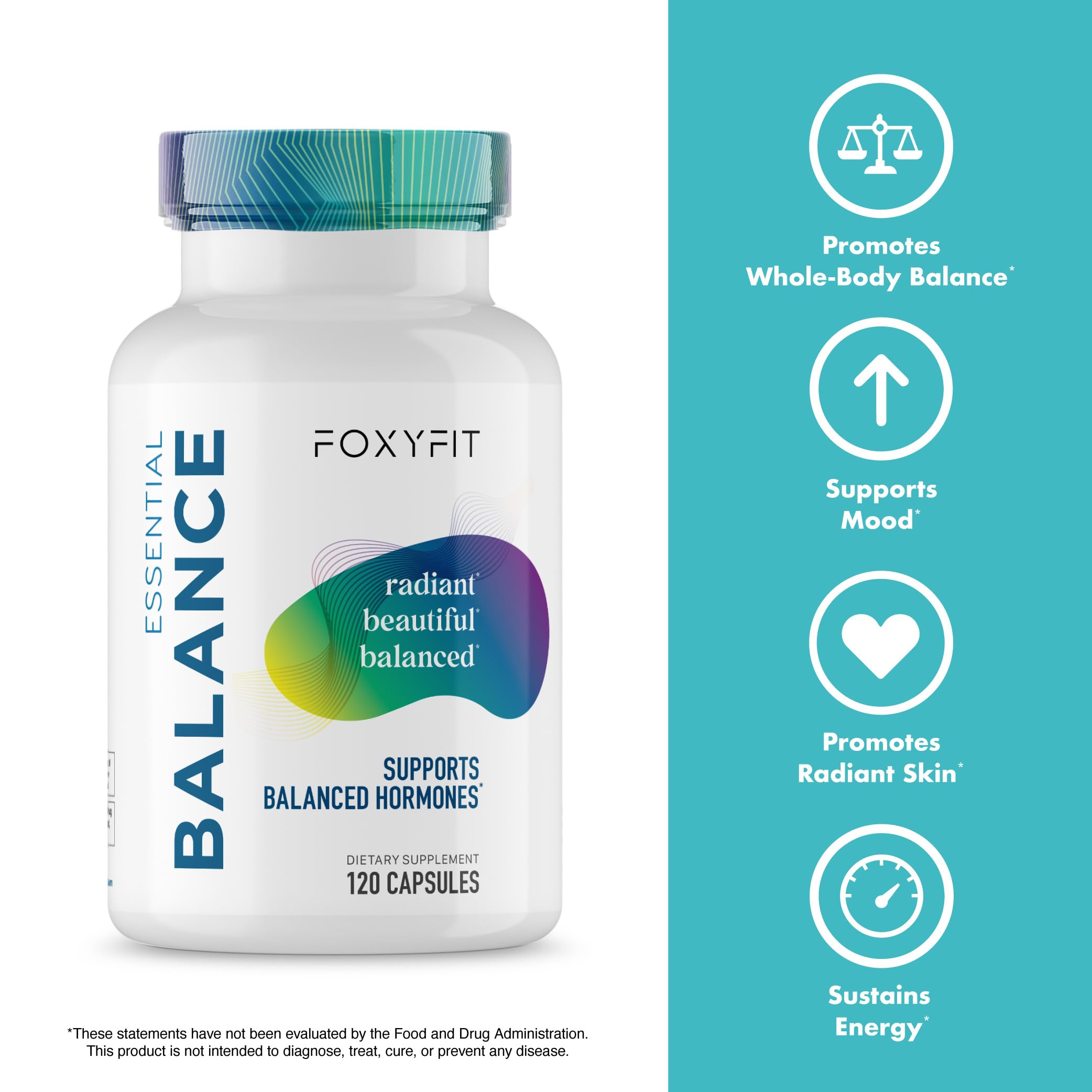 FoxyFit Équilibre Essentiel - gros plan sur capsules, visible promesse d'énergie.