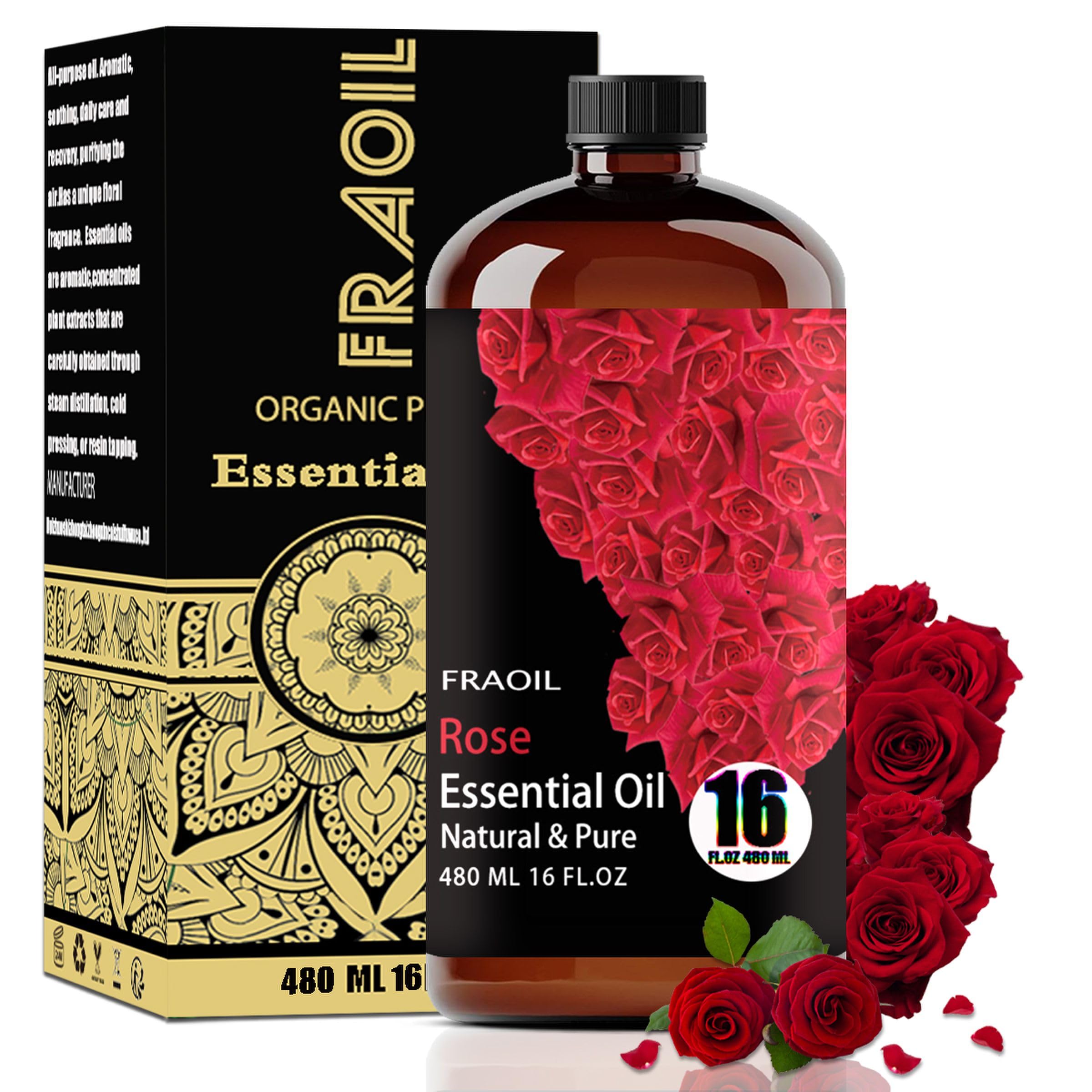 FRAOIL Rose: bouteille ambrée de 480 ml prête pour diffusion douce et durable.