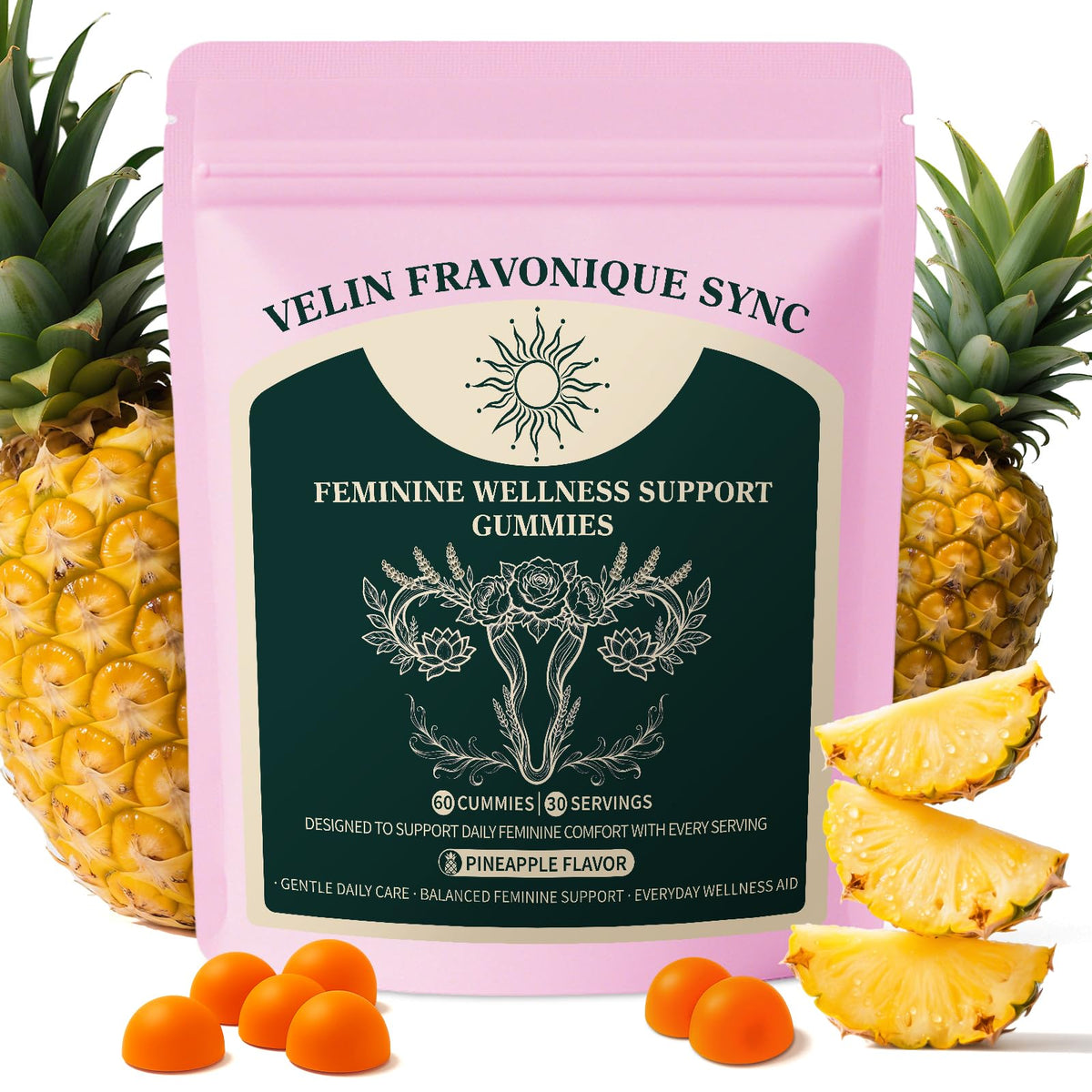 Fravonique Gommes pour femmes dans la bouteille, soutien potentiel à l équilibre du pH.