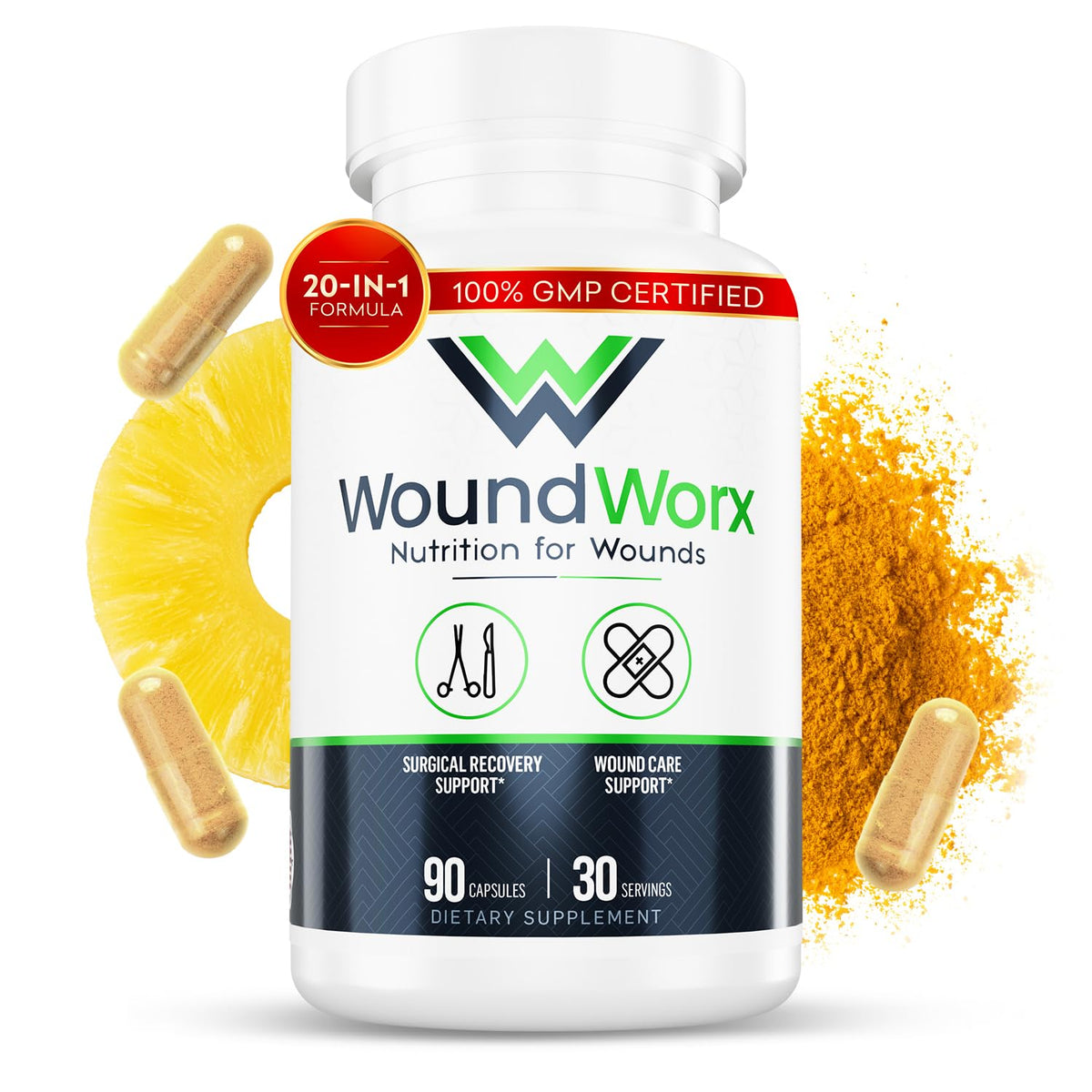 Gélules Free Life Labs WoundWorx dans une bouteille, soutien nutritionnel quotidien.