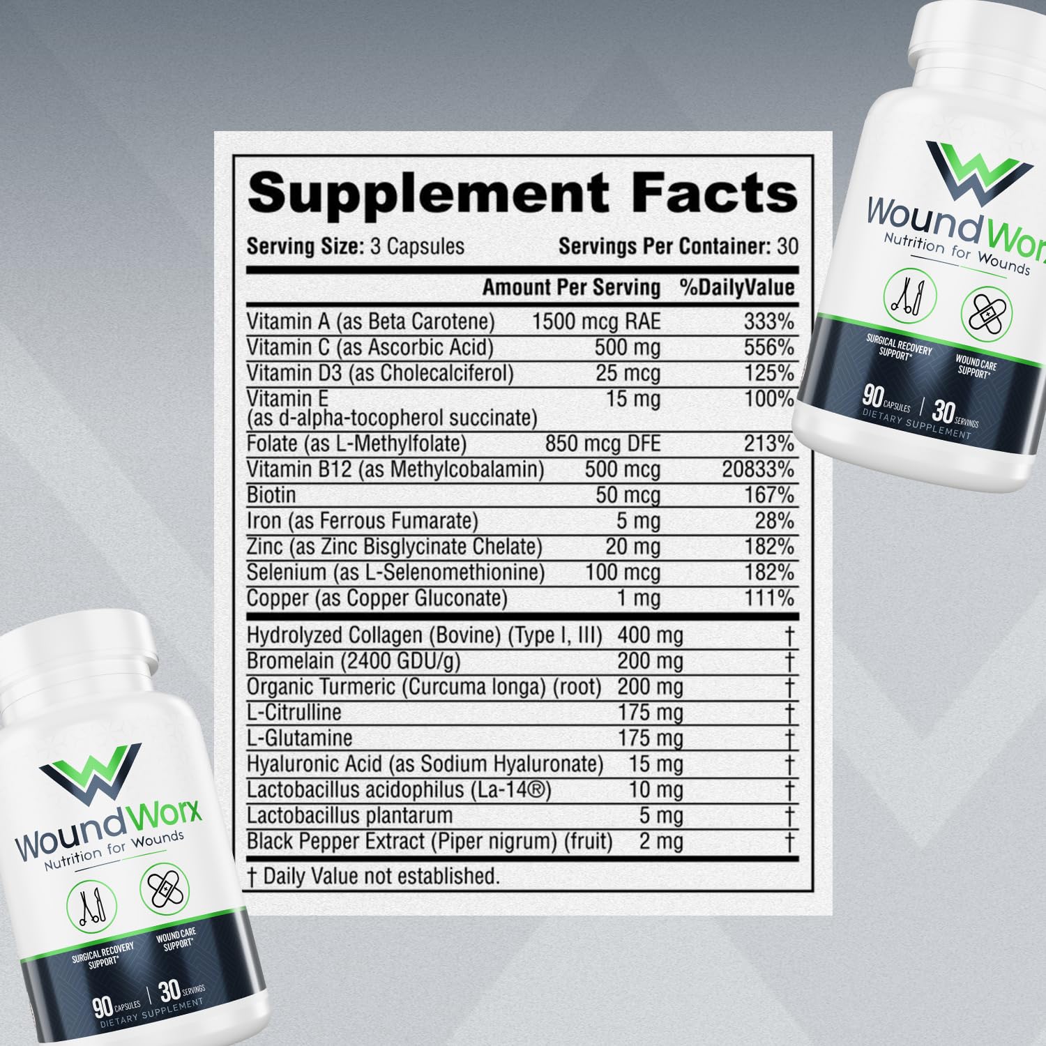 Ingrédients listés sur WoundWorx, nutriments clés visibles.