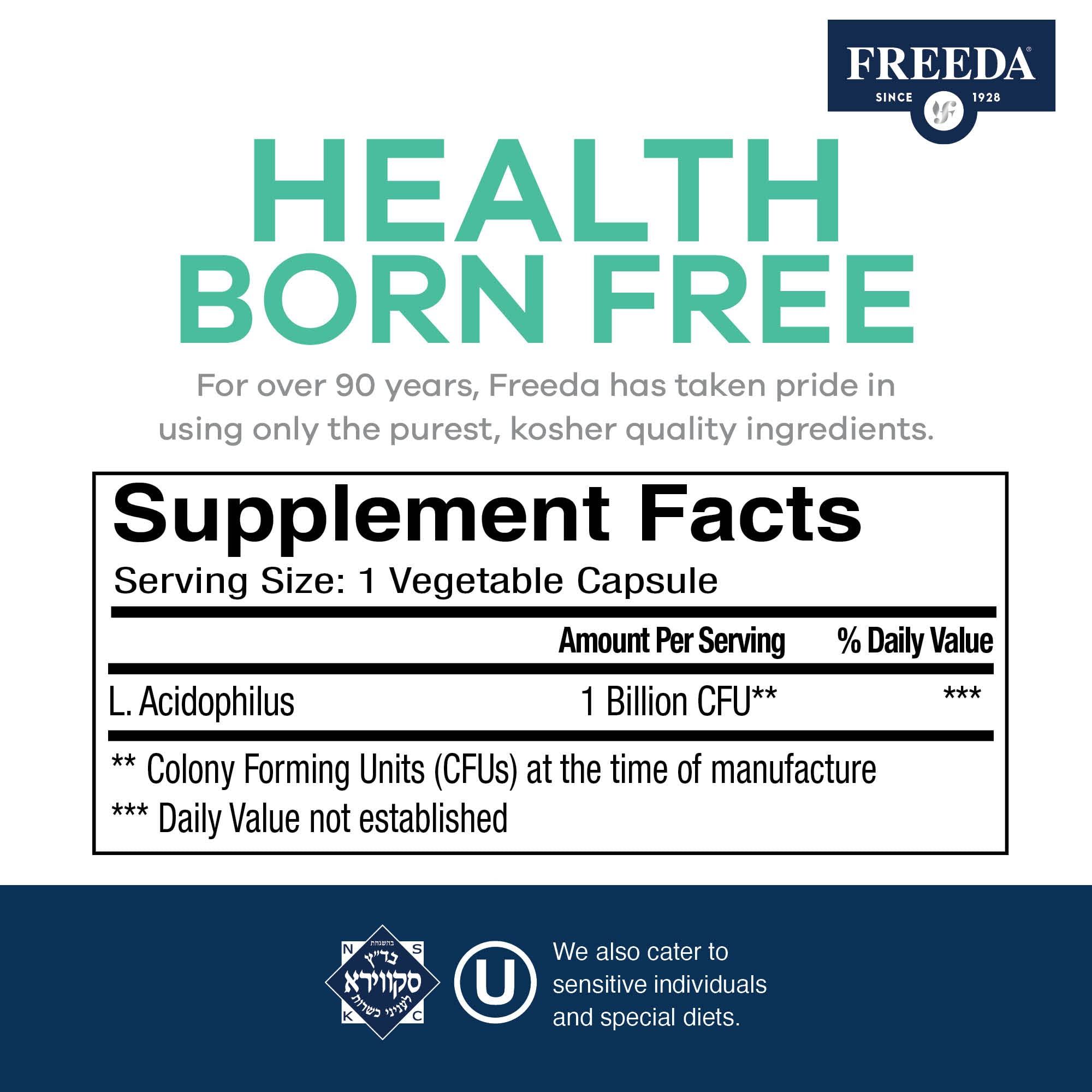 Freeda Acidophilus Probiotic - Étiquette produit claire pour le dosage quotidien
