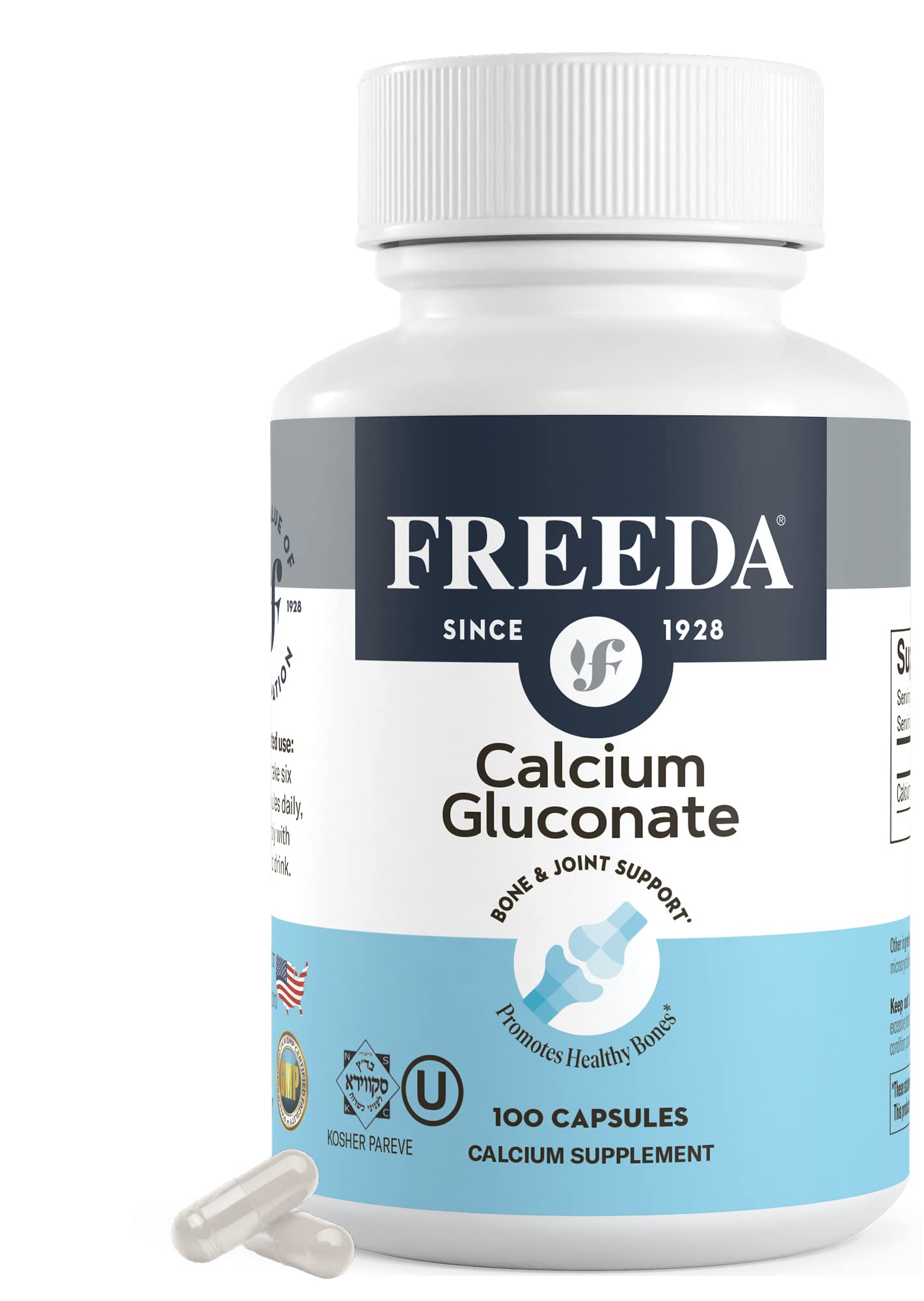 Freeda Calcium Gluconate, bouteille claire, soutien potentiel à la solidité osseuse.