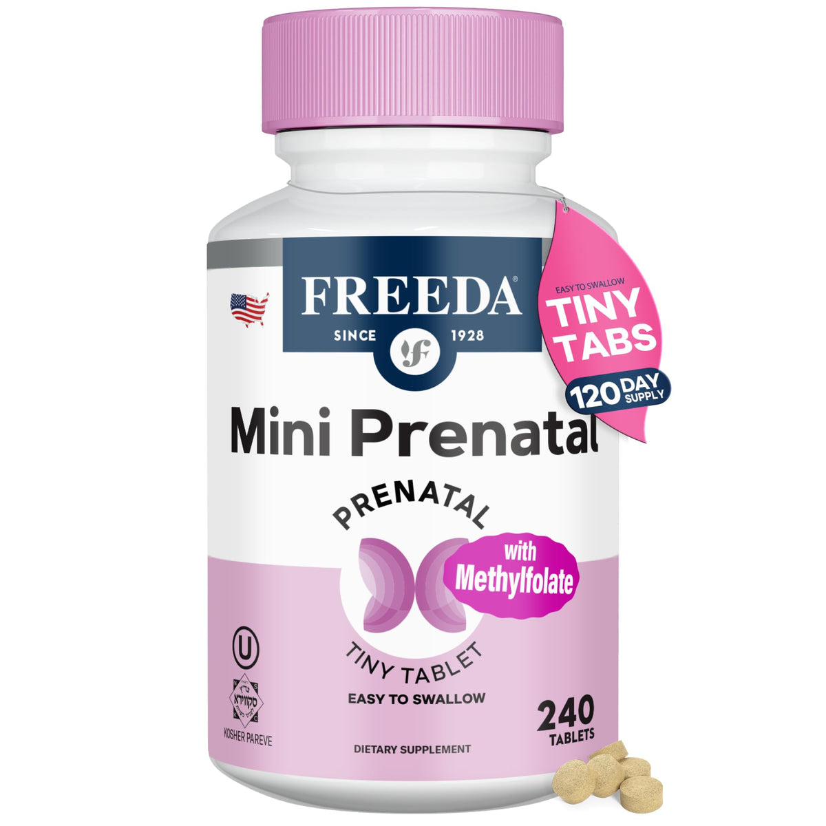 Freeda Mini Prenatal – bouteille montrant le format mini pour faciliter l’ingestion.