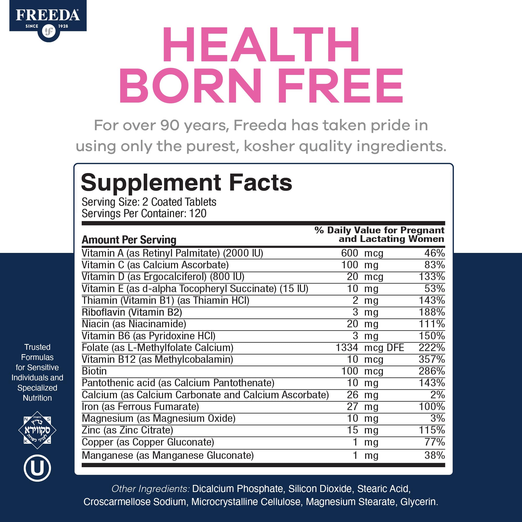 Freeda Mini Prenatal – certifiée kasher et végane sans allergènes courants.