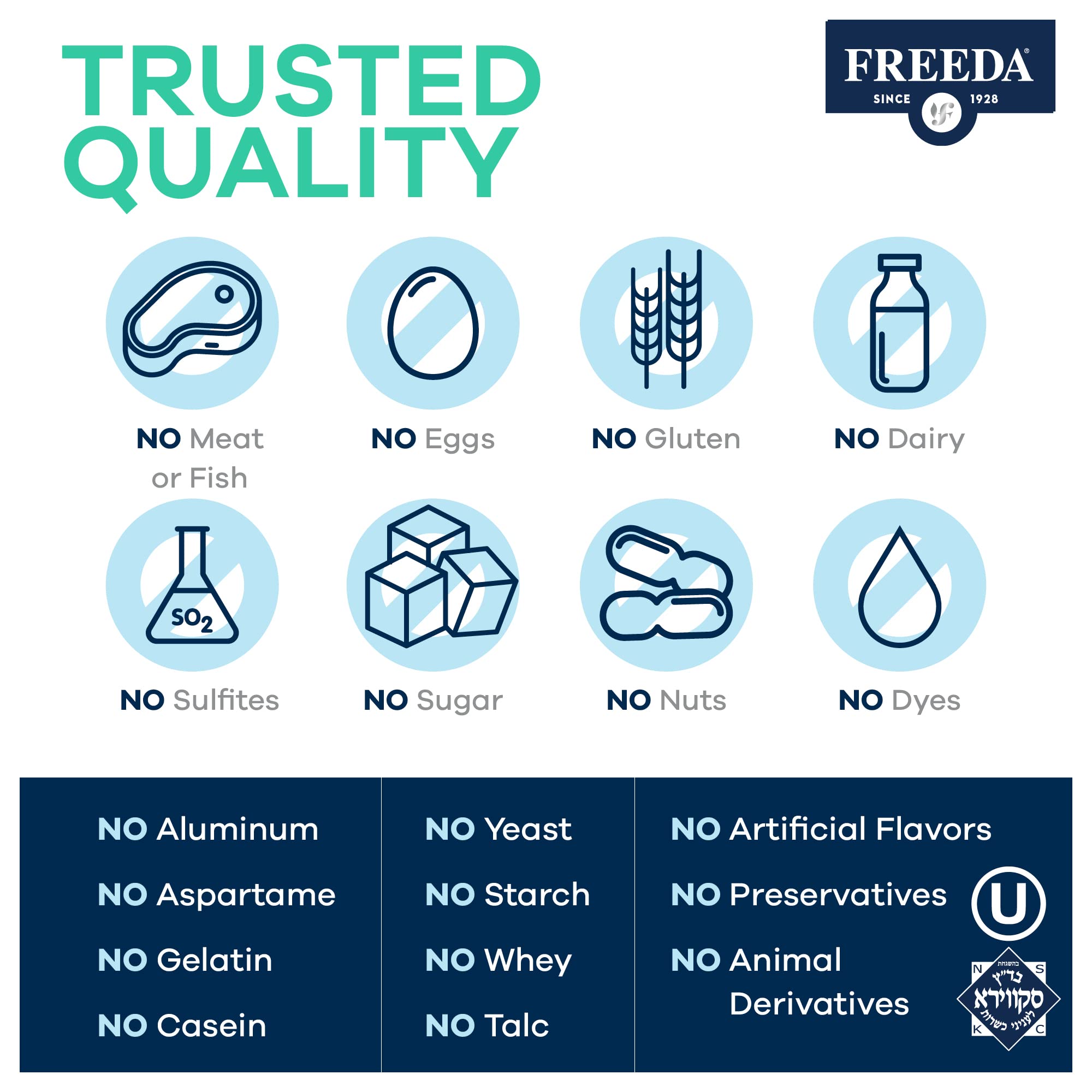 Emballage Freeda fabriqué aux États-Unis, contrôle qualité.