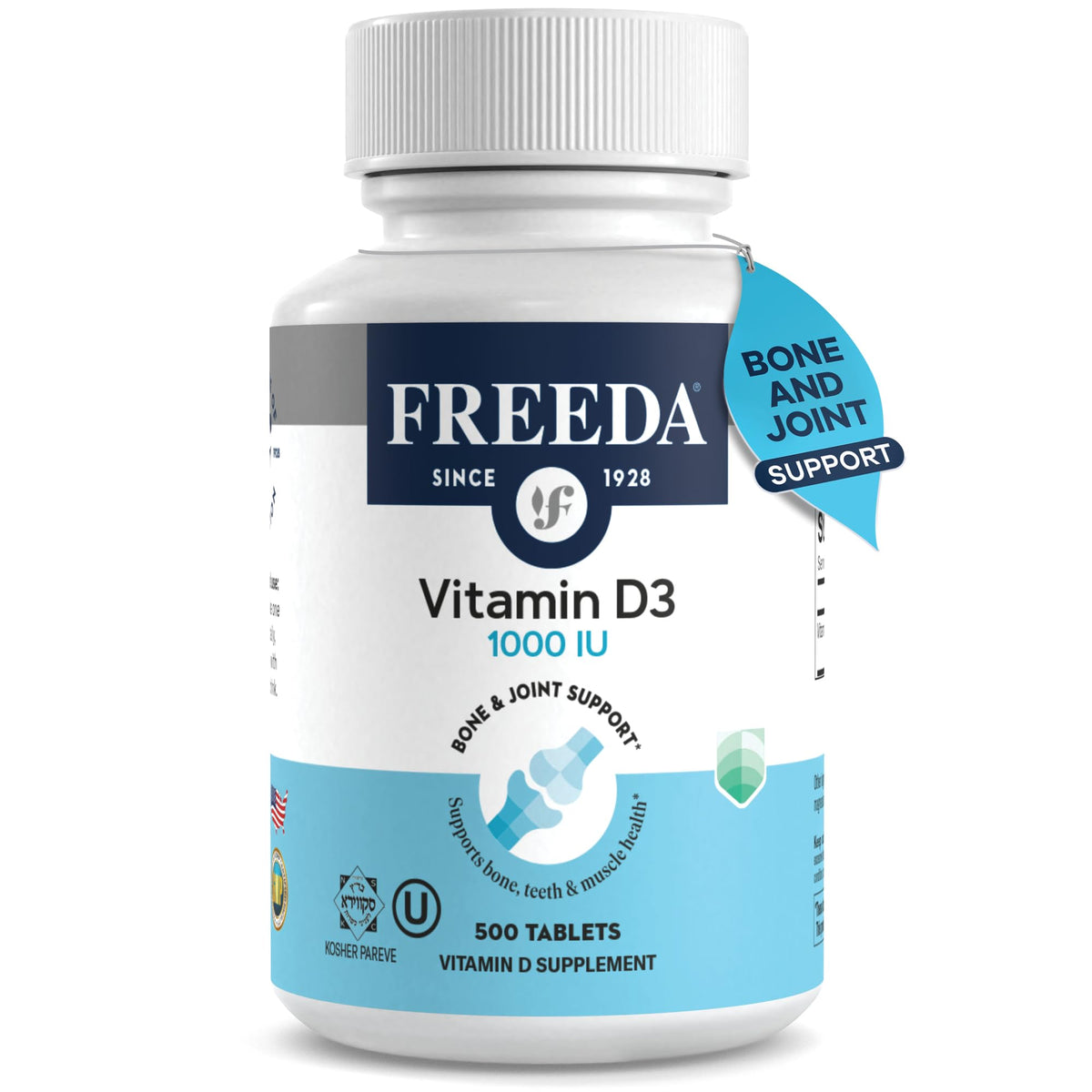 Freeda Vitamine D3-1000 UI, boite: soutien sante des os et absorption calcium.