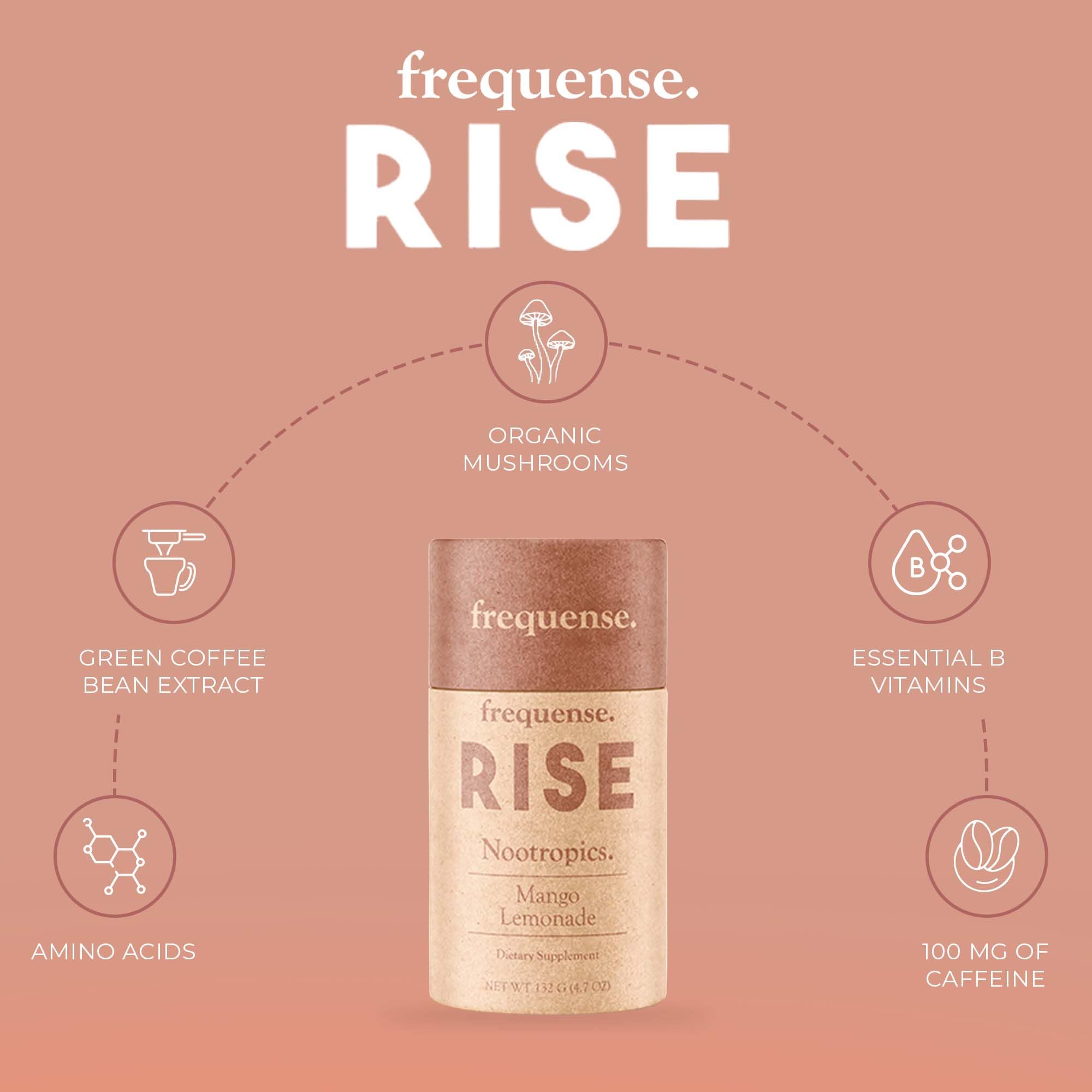 FREQUENSE Rise bouteille et stick, présentation claire du produit à emporter