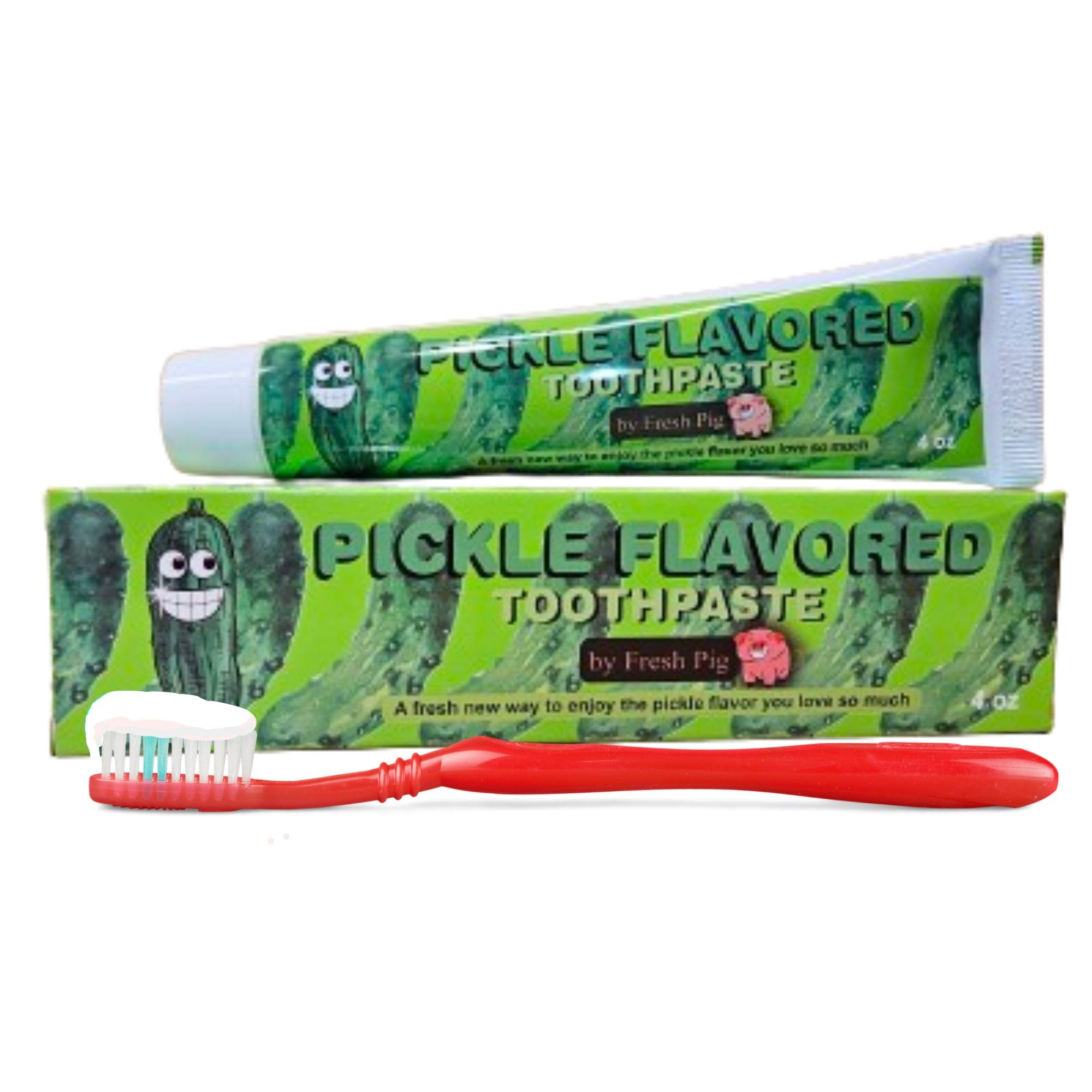 Fresh Pig dentifrice saveur cornichon-aneth sur tube, goût ludique et fraîcheur quotidienne.