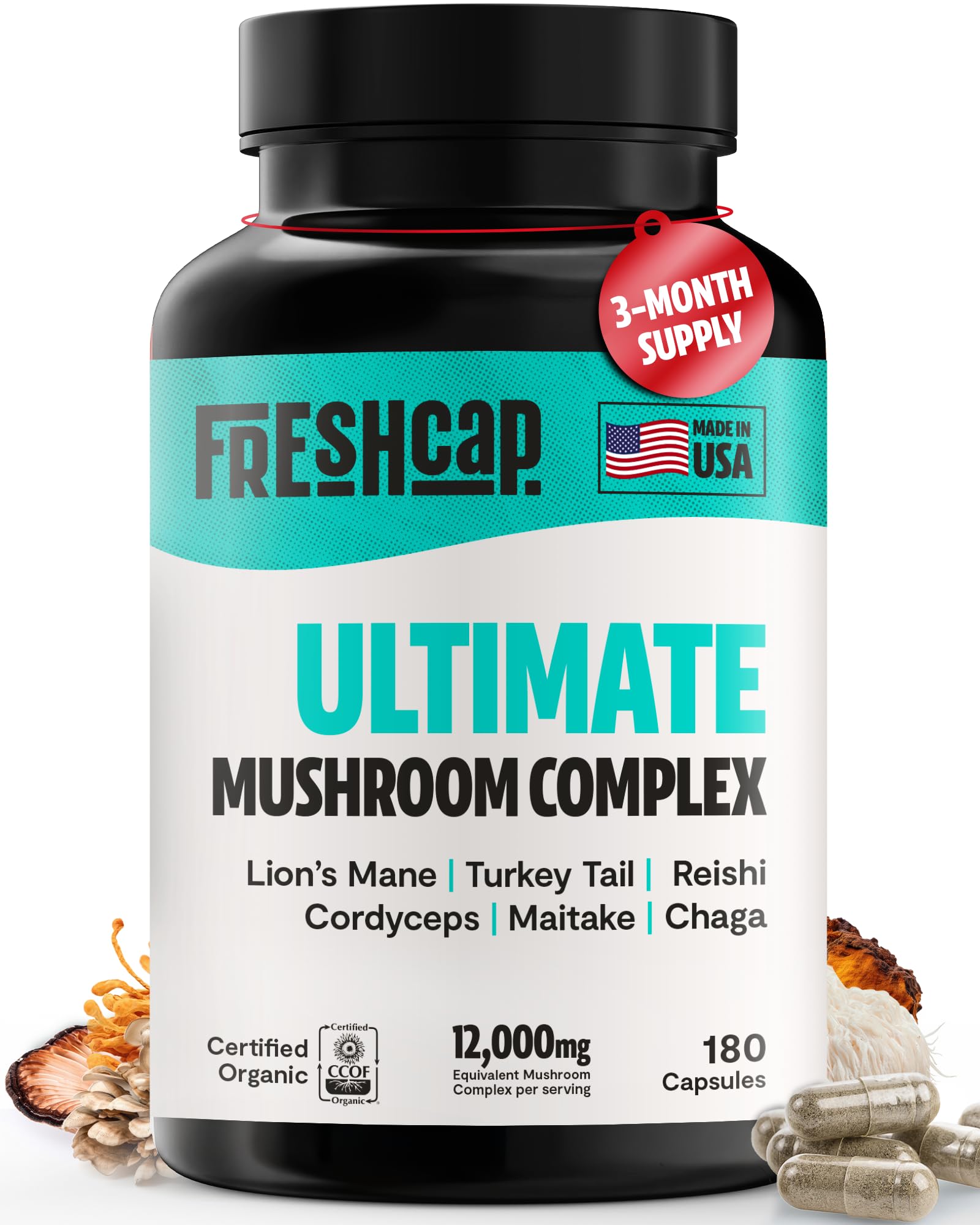 FreshCap champignons ultimes – bouteille affichée pour un soutien énergétique quotidien.